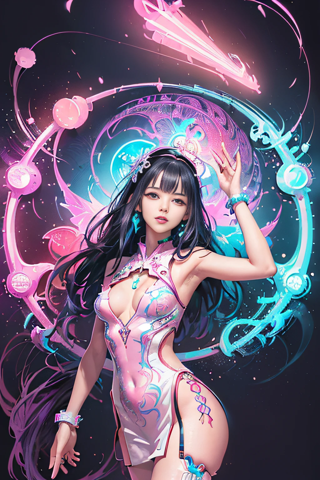 (masutepiece, of the highest quality, Best Quality, offcial art, Beautiful and aesthetic:1.2), (1girll:1.3), Extremely detailed,(Fractal Art:1.2),Colorful,highest details,( Zen Neon:1.2), (Dynamic Pose), (Abstract background neon lights:1.5), (Trident Dresses:1.2), (Shiny skin), (Many colors:1.4), Upper body ,Neon light,16 K,Full-HD