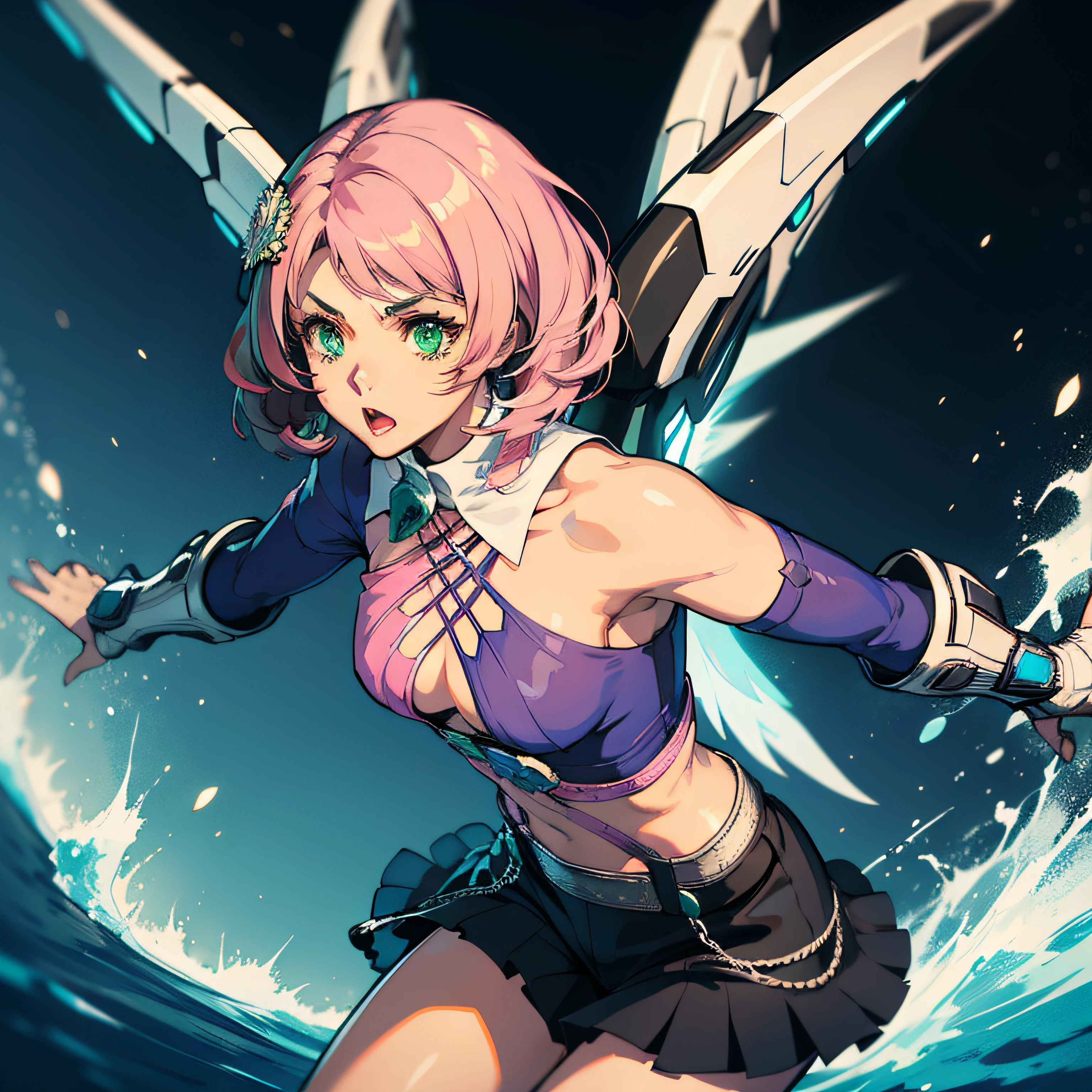 Alisa Rosto bonito, Symmetrical perfect green eyes, cabelo curto rosa multicor, mechanical wings, Tekken