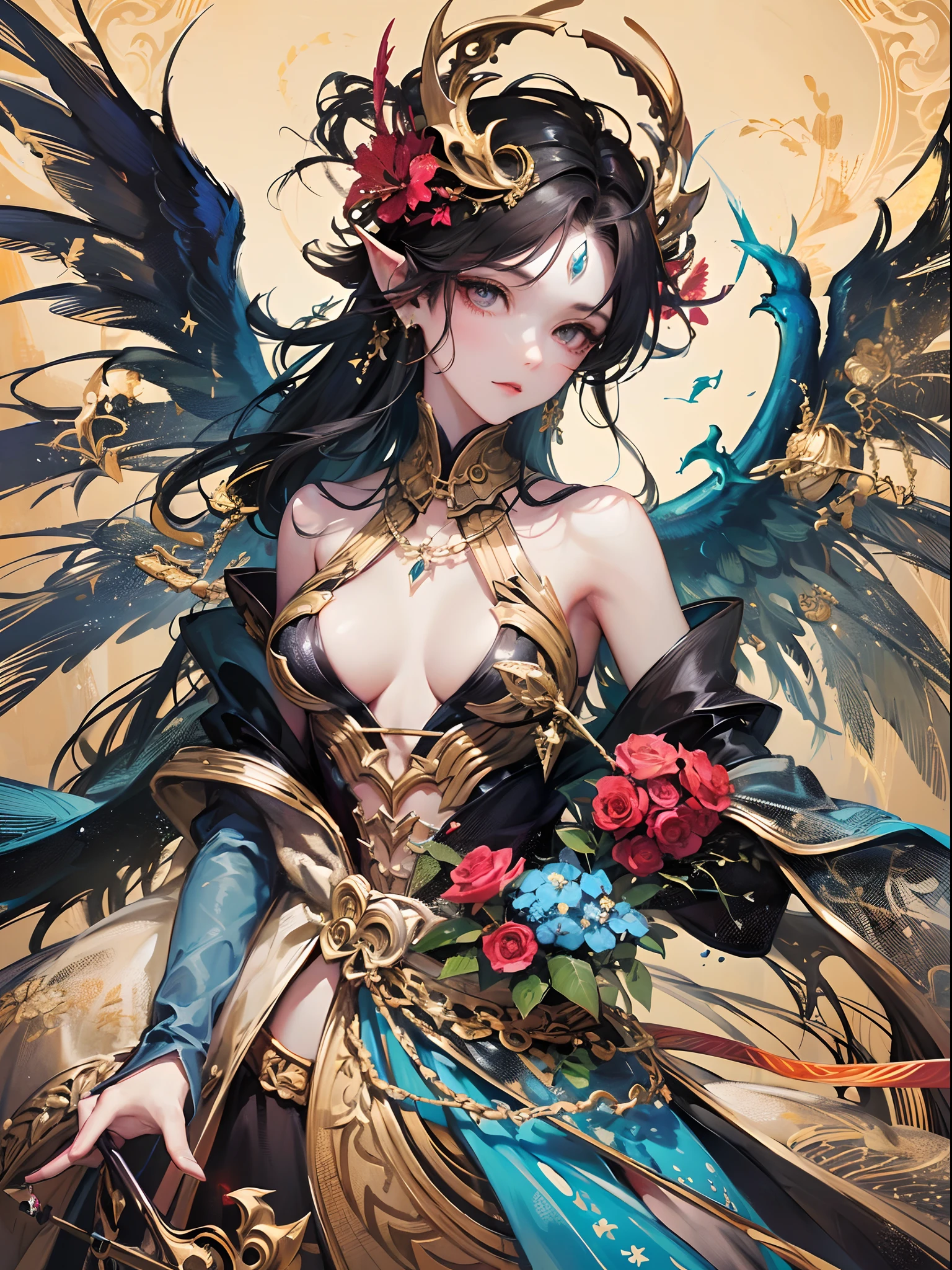 (Finest quality)),(超A high resolution),(ultra-detailliert),(Meticulous portrayal),((best pictures)),(Finest works of art),Ultra-Precision Art,The art of astounding depiction, Fantasyart:1.5, (1人の女性:1.5),Angel-demon fusion,demonic wings:1.4,the angel's wings:1.4,
