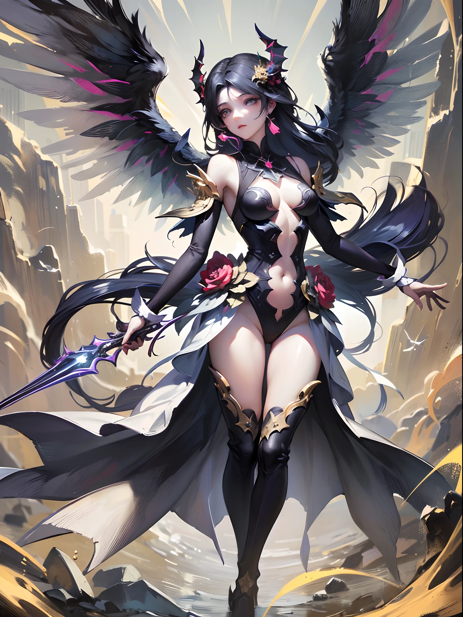 (Finest quality)),(超A high resolution),(ultra-detailliert),(Meticulous portrayal),((best pictures)),(Finest works of art),Ultra-Precision Art,The art of astounding depiction, Fantasyart:1.5, (1人の女性:1.5),Fusion of angel half body and demon half body,demonic wings:1.4,the angel's wings:1.4,