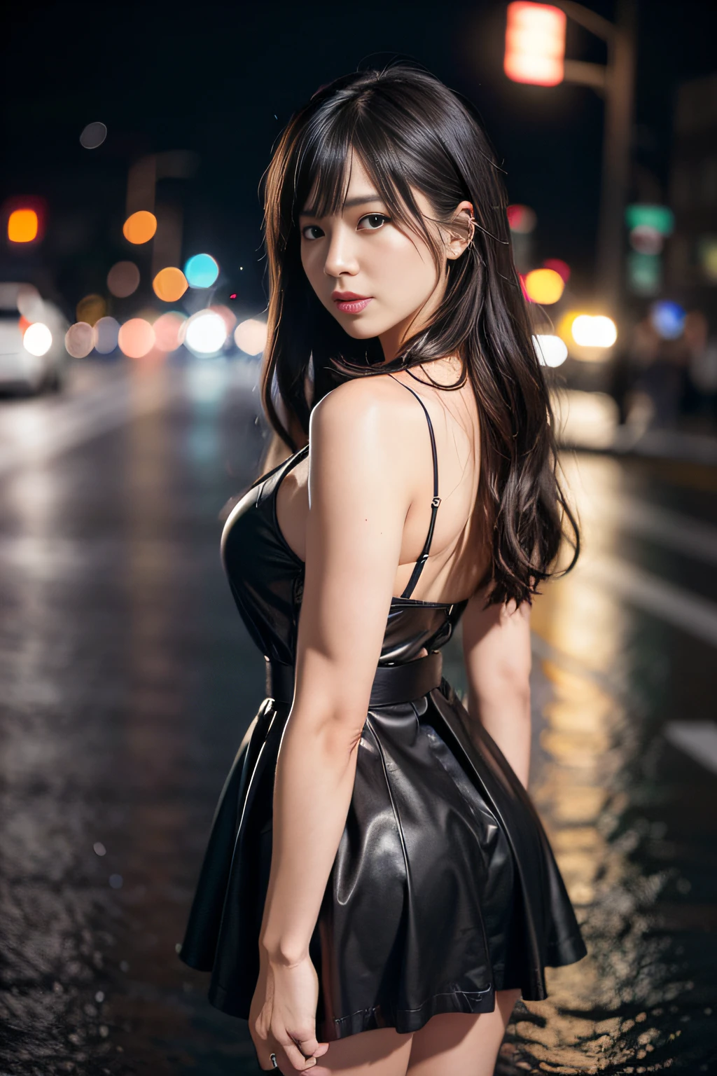 (8k, RAW photo, best quality, master:1.4), ultra high res, (realistic, photo-realistic:1.48),omertosa,1girl,(Kpop idol), (aegyo sal:1), cute, (super bokeh night Downtown: 1.25), Bokeh, Night, Traffic Lights, Road Signs, Rain, After Rain, Humidity, Professional Lighting, Detail Lighting, Photon Mapping, Radiosity, Physically Based Rendering, Black Pantyhose Bloom, Backlighting, Depth of Field , natural lighting, hard focus, film grain, one meter shooting distance, professional shot, shot with Sony a9 II mirrorless camera, detailed eyes, realistic eyes, detailed shadows, looking at viewer, dog ears, detailed lighting, skirt, black dress, long legs, black stockings, (detailed hair, realistic hair, realistic lighting, realistic shadows, realistic clothing), realistic skin, (gun on waist: 1), from above Realistic light reflections, ((back of arms)), (back of hands), tube top, sexy