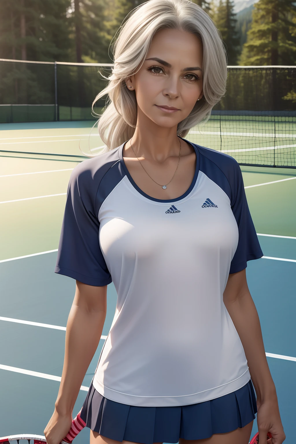 portrait of a 65-year-old woman with gray hair, seductive gaze, brown eyes, some wrinkles on her face, she is wearing a very sexy tennis player clothes that reveals a small breast, 8k, detailed background, wrinkles on body, showing full body, full body, quite small breasts are exposed, beautiful face, deatailed face, detailed eyes, soft light, tennis player clothes, tennis court in the coniferous forest on the background, tennis racket in hand