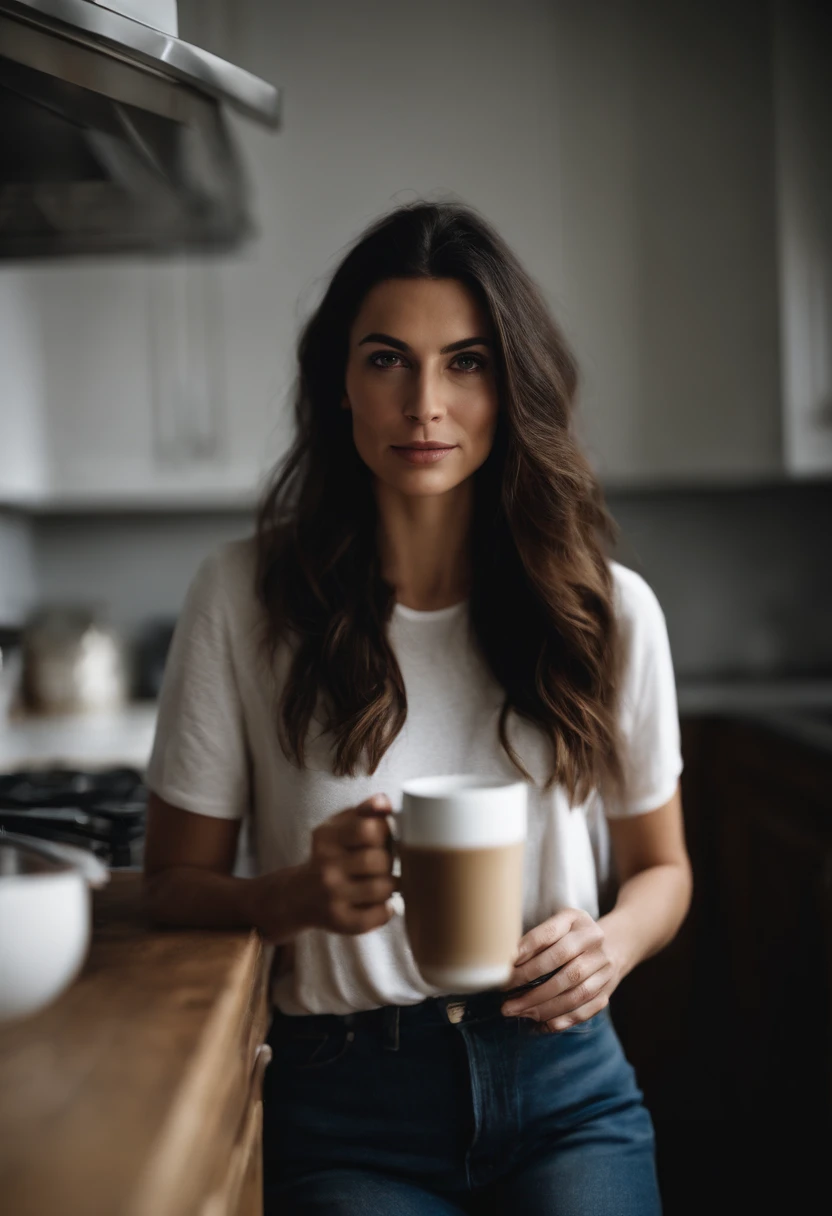 Woman with cup of coffee in kitchen, long, dark hair, parted in middle, tilting head to question something, looking at viewer, head to knees, standing with feminine inner thighs, white T-shirt, jeans, portrait,