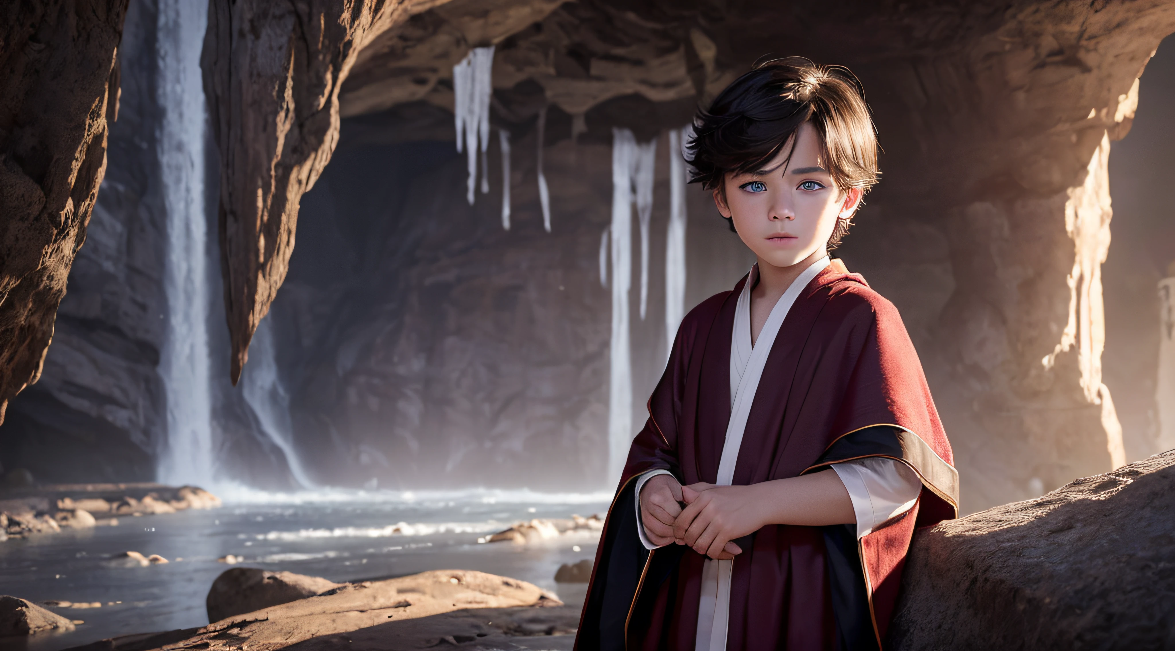 The Boy in the Cave, close-up, The upper half of the body is visible, Leaning against the cave walls, perfect faces, Face depictions, Depicting specific faces, Body and face at a glance, (1Boy:1.3), , A boy, (South Korean : 1.3), (10 ye, A dark-haired, male, (short-hair:1.3), (Extreme detail:1.2), hyper detailed face, beautidful eyes, (heterochromia:1.3), red pupil, (A look of chagrin:1.2), (Priestly robes:1.2), Poor dress, beauty, (goodlooking:1.2), cute little(1.2), 8K, High Quality, (Dark cave:1.2), Purple light