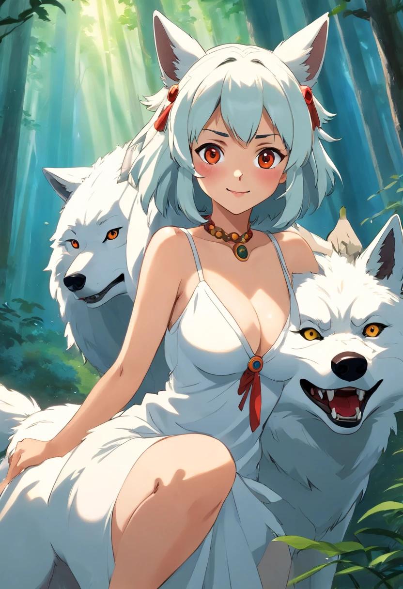 Prinzessin Mononoke , Character San Studio Ghibli princess mononoke, wolves,  sexy posing , smiling , big tits