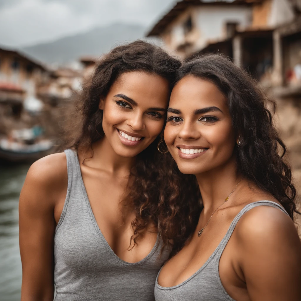 Photo of a group of two beautiful Brazilian girls in a bikini in a favela in Brazil, full - body, Make-up faces, Brown eyes, Small tattoos, Traffic in the background, straight black hair, Nearest yacht. Camera: Sony A7 III, Lens: Sony FE 70-200mm f/Frequently Asked Questions About 4G, Aperture: f/11, Shutter Speed: 1/The 400s, .ISO: 400, Focus Mode: continuous, Image Stabilization: UPON, White balance: Auto, Metering Mode: Multi-segmentation, Exposure Compensation: 0, The Flash: AB, corner: Full body angle, composition: the rule of thirds, Background: blurred, Depth of field: Shallow, Tripod: no man, File Format: Raw.