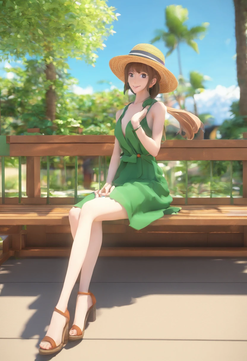 anime girl in green dress and straw hat sitting on a bench, nami one piece, nami from one piece, nami, from one piece, oppai, beautiful portrait of nami, one piece, inspired by Eiichiro Oda, by Kentaro Miura, with straw hat, by Okada Beisanjin, marin kitagawa fanart