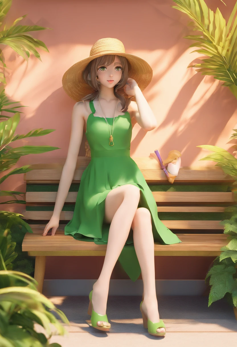 anime girl in green dress and straw hat sitting on a bench, nami one piece, nami from one piece, nami, from one piece, oppai, beautiful portrait of nami, one piece, inspired by Eiichiro Oda, by Kentaro Miura, with straw hat, by Okada Beisanjin, marin kitagawa fanart