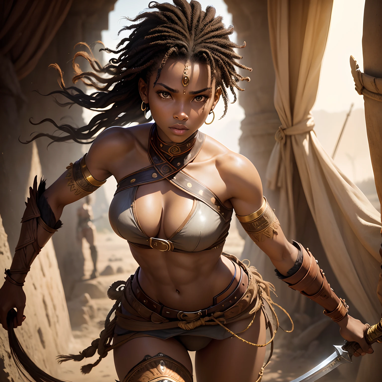 Warrior woman, africaine, sexy, dressed in brown, attractif, force, puissance, luz, divin, sword, soft light on the face