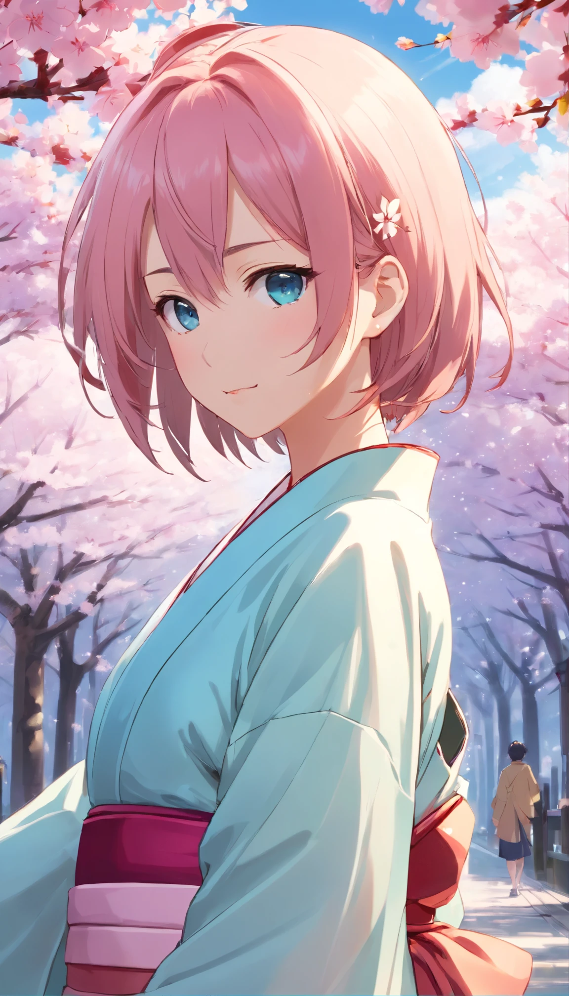 tmasterpiece， Best quality at best， 1girll， Sakura Haruno，（upperbody closeup)，Raised sexy，is shy，ssmile，with pink hair， long whitr hair， （Green eyeballs:1.4)， Forehead protection，Wearing a kimono，Under the cherry blossom trees，Fluttering cherry blossoms，low-saturation，pale-blue( reasonable design, Clear lines, High sharpness,Best quality, Very detailed, Masterpiece, movie light effect, 4K )