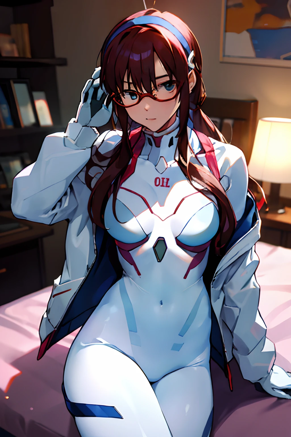 masterpiece,best quality,1girl,makinami mari illustrious,hairband,red-framed eyewear,white bodysuit,open jacket,sitting,indoors,bedroom,science fiction,cowboy shot,