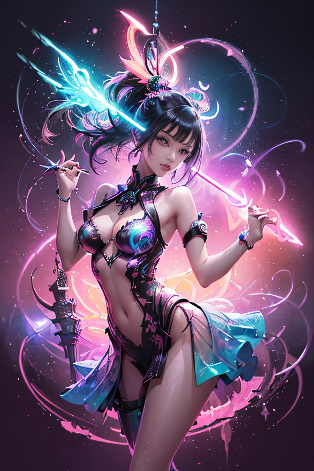 (masutepiece, of the highest quality, Best Quality, offcial art, Beautiful and aesthetic:1.2), (1girll:1.3), Extremely detailed,(Fractal Art:1.2),Colorful,highest details,( Zen Neon:1.2), (Dynamic Pose), (Abstract background neon lights:1.5), (Trident Dresses:1.2), (Shiny skin), (Many colors:1.4), Upper body ,Neon light,16 K,Full-HD