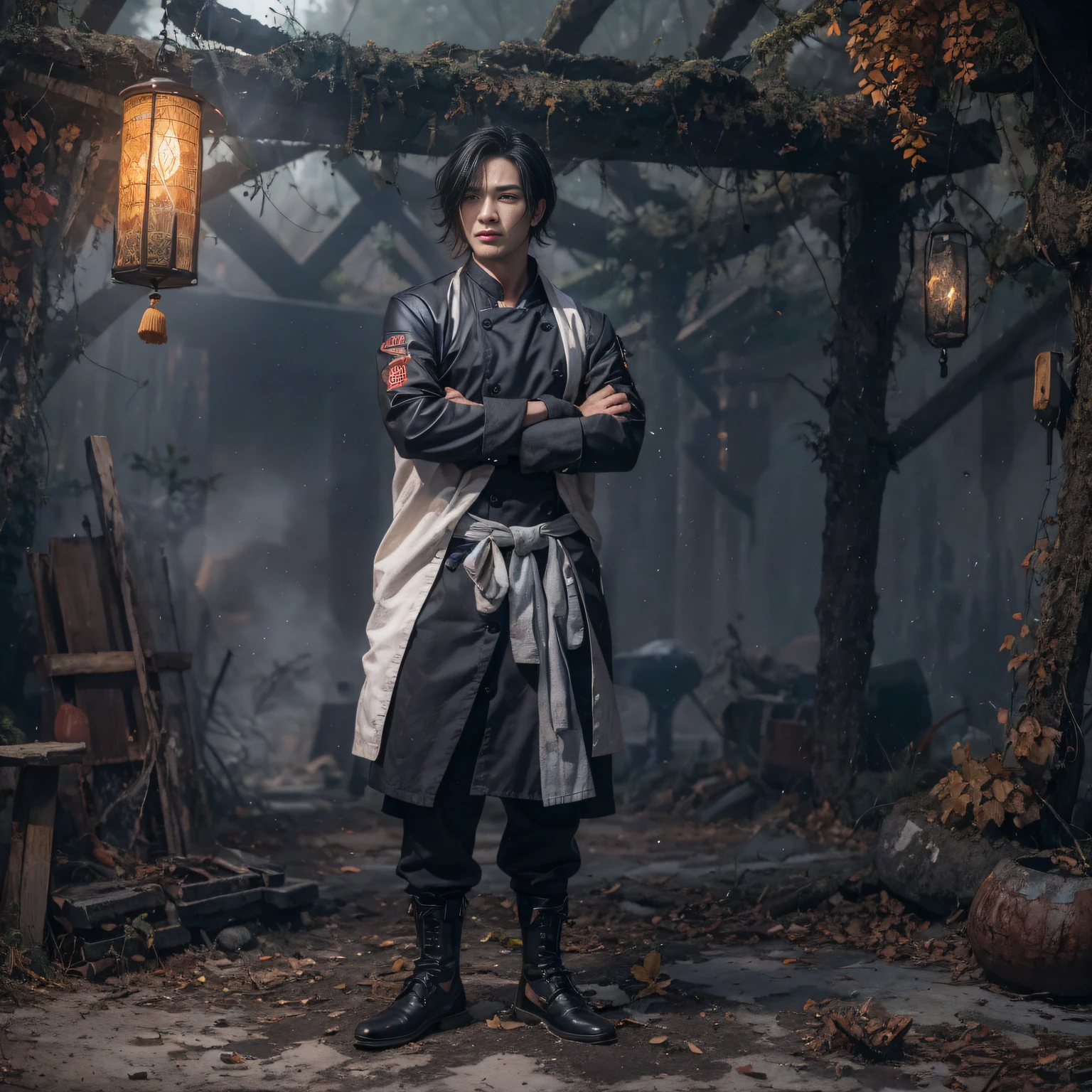 Full body male chef 32K(tmasterpiece,k hd,hyper HD,32K)Long flowing black hair,Camping ruins area,zydink, a color, patriot (废墟), (Linen batik scarf), Angry fighting stance, looking at the ground, Linen bandana, Chinese python pattern long-sleeved garment, (Abstract gouache splash:1.2), Dark clouds lightning background,Flour flies(realisticlying:1.4),Black color hair,Flour fluttering,Background fog, A high resolution, the detail, RAW photogr, Sharp Re, Nikon D850 Film Stock Photo by Jefferies Lee 4 Kodak Portra 400 Camera F1.6 shots, Rich colors, ultra-realistic vivid textures, Dramatic lighting, Unreal Engine Art Station Trend, cinestir 800,Flowing black hair,(((Male chef))),irate,