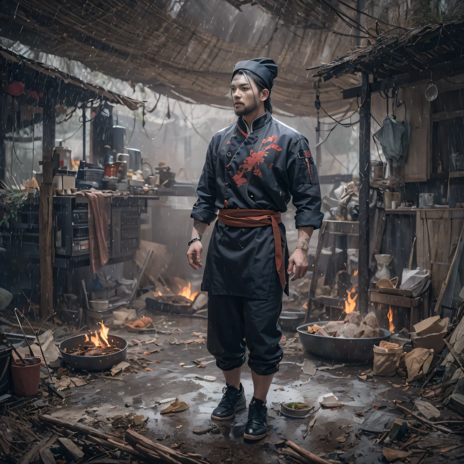 Full body male chef 32K（tmasterpiece，k hd，hyper HD，32K）Long flowing black hair，Camping ruins area，zydink， a color， patriot （废墟）， （Linen batik scarf）， Angry fighting stance， looking at the ground， Linen bandana， Chinese python pattern long-sleeved garment， （Abstract gouache splash：1.2）， Dark clouds lightning background，Flour flies（realisticlying：1.4），Black color hair，Flour fluttering，Background fog， A high resolution， the detail， RAW photogr， Sharp Re， Nikon D850 Film Stock Photo by Jefferies Lee 4 Kodak Portra 400 Camera F1.6 shots, Rich colors, ultra-realistic vivid textures, Dramatic lighting, Unreal Engine Art Station Trend, cinestir 800，Flowing black hair,（（（Male chef））），irate，
