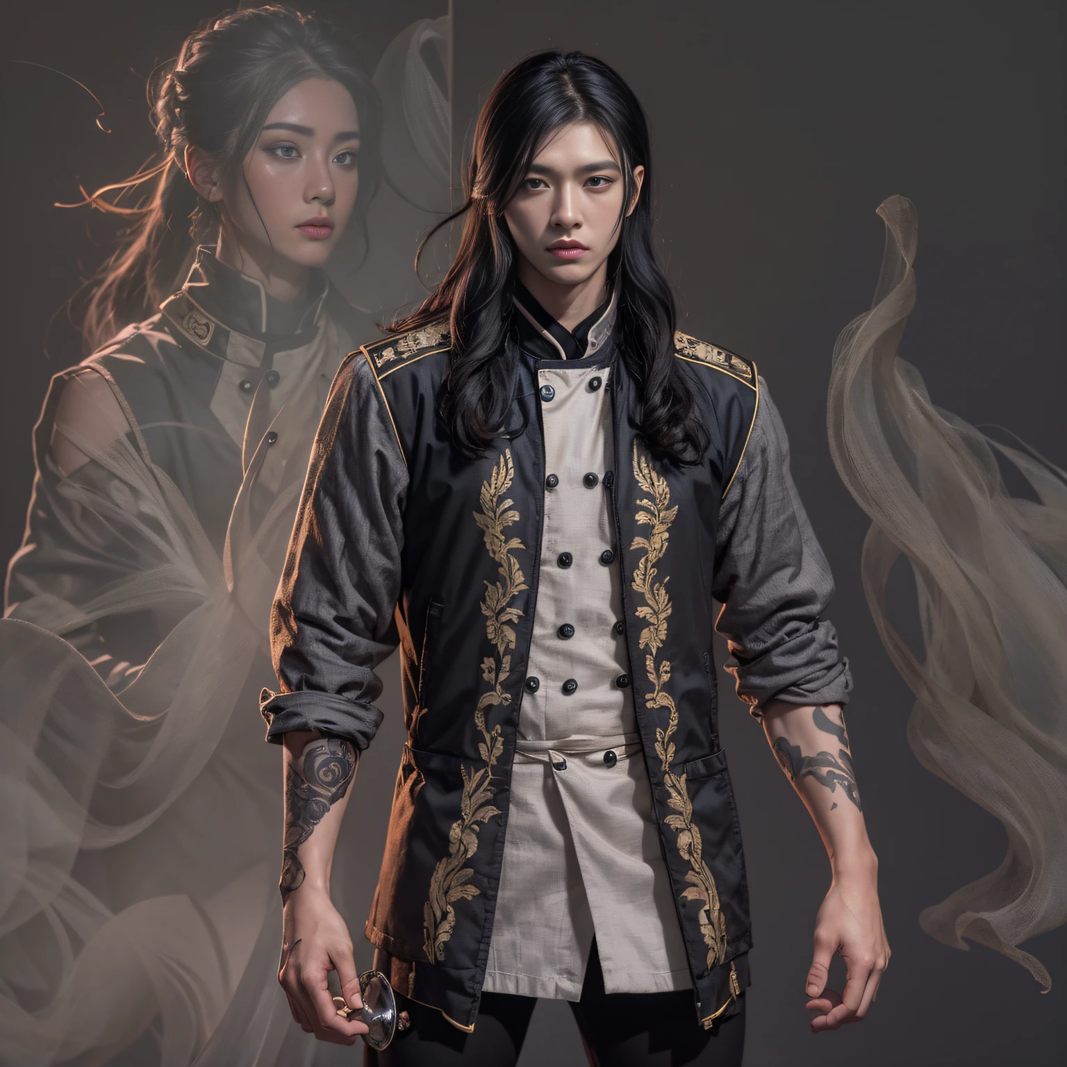 Full body male chef 32K(tmasterpiece,k hd,hyper HD,32K)Long flowing black hair,Camping ruins area,zydink, a color, patriot (废墟), (Linen batik scarf), Angry fighting stance, looking at the ground, Linen bandana, Chinese python pattern long-sleeved garment, (Abstract gouache splash:1.2), Dark clouds lightning background,Flour flies(realisticlying:1.4),Black color hair,Flour fluttering,Background fog, A high resolution, the detail, RAW photogr, Sharp Re, Nikon D850 Film Stock Photo by Jefferies Lee 4 Kodak Portra 400 Camera F1.6 shots, Rich colors, ultra-realistic vivid textures, Dramatic lighting, Unreal Engine Art Station Trend, cinestir 800,Flowing black hair,(((Male chef))),irate,