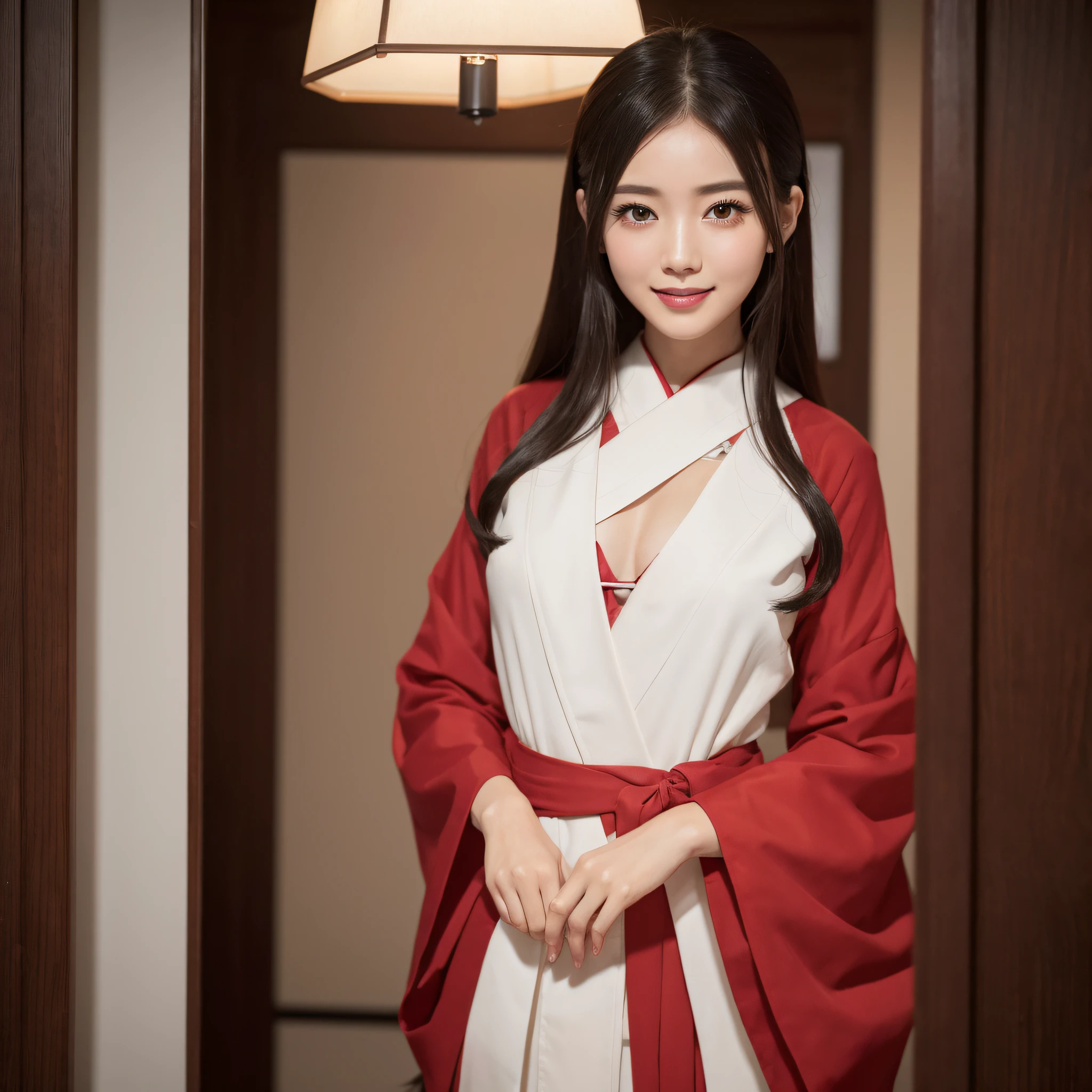 Neat and clean maiko、((best qualtiy、8k masterpieces:1.3))、foco nítido:1.2、(ultra beautiful faces:1.0)、(shinny skin:1.0)、photos realistic、A dark-haired、Video Lighting、High-definition eyes and face、Video Lighting、Japan Idol Actress、from the front side、medium breasts、Smile、Slender Abs Beauty、Whole body、Wearing a red priestess costume、Morning precincts、