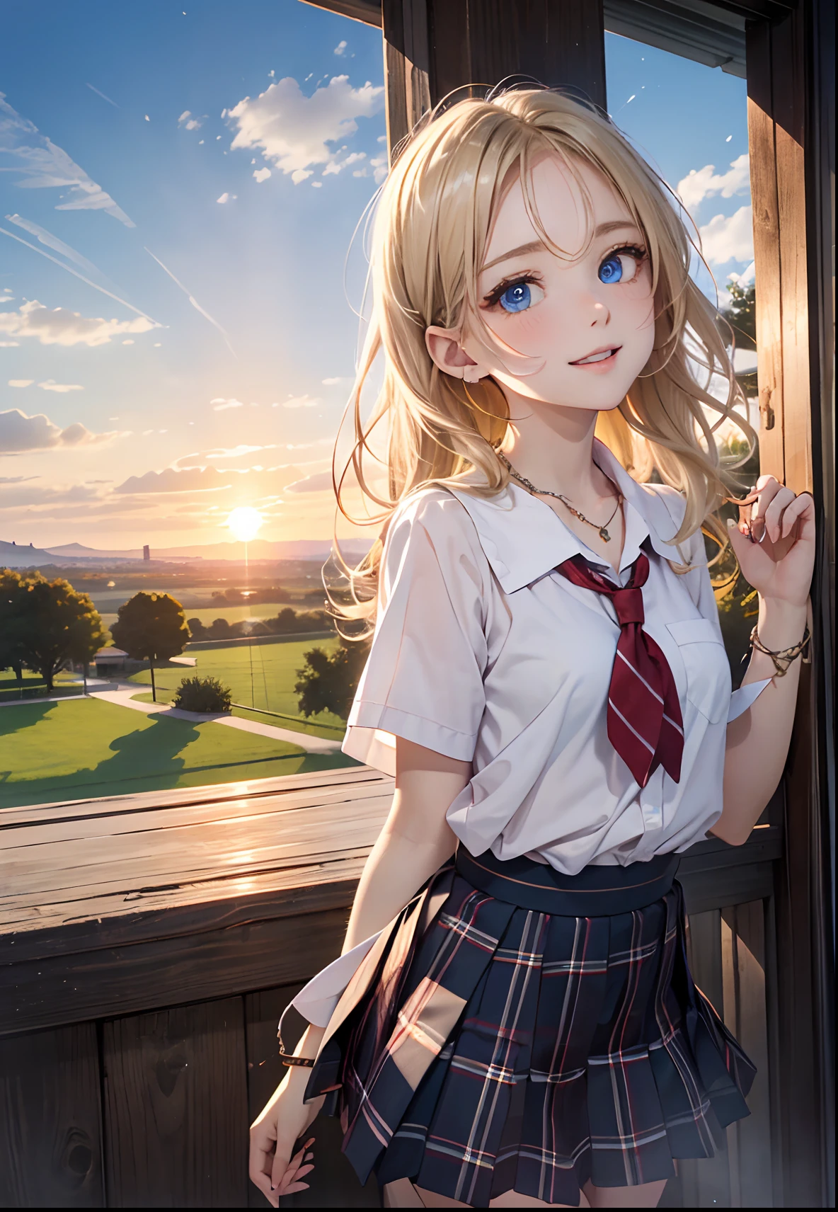 absurderes, ultra-detailliert,bright colour,(in 8K:1.3),masuter piece,extremely beautiful detailed face and eyes, 25 years old,(Smooth straight blonde hair:1.3), (Shiny hair:1.2), Delicate beautiful face, red blush、(Deep Blue Eyes:1.3), Happy smile、closes mouth、(White School Uniform)、Black socks、(plaid skirts)、early evening、Lots of countryside、Big sunset、Orange view、Small necklace、