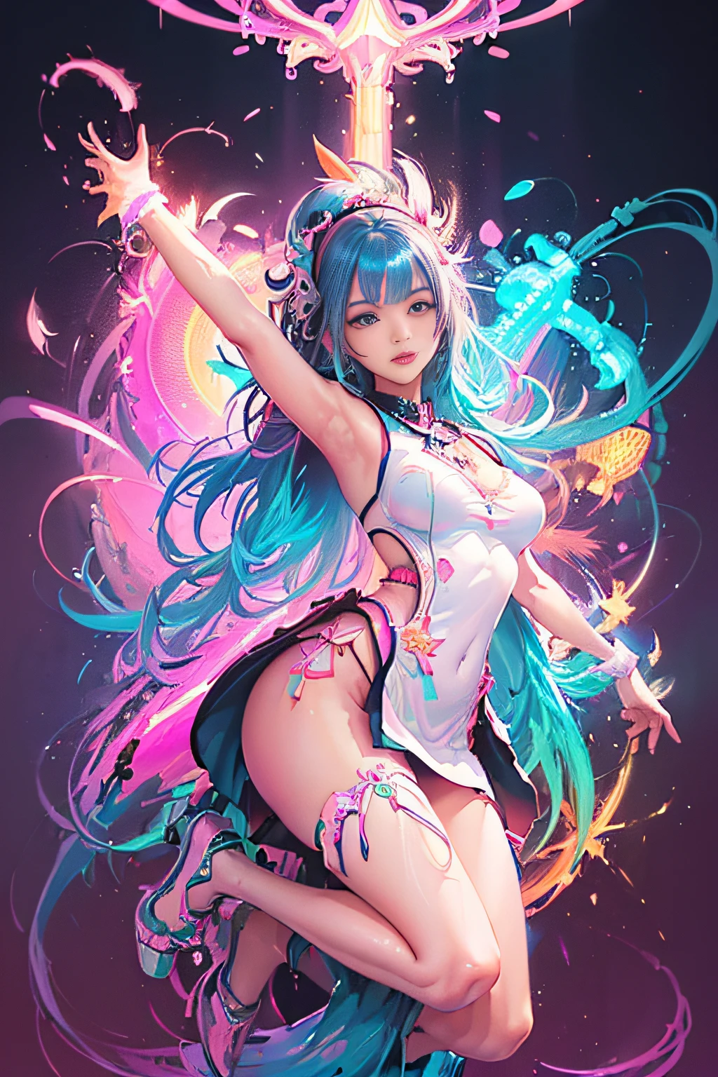 (masutepiece, of the highest quality, Best Quality, offcial art, Beautiful and aesthetic:1.2), (1girll:1.3), Extremely detailed,(Fractal Art:1.2),Colorful,highest details,( Zen Neon:1.2), (Dynamic Pose), (Abstract background neon lights:1.5), (Trident Dresses:1.2), (Shiny skin), (many colors:1.4), Upper body ,neon light,16 K,Full-HD