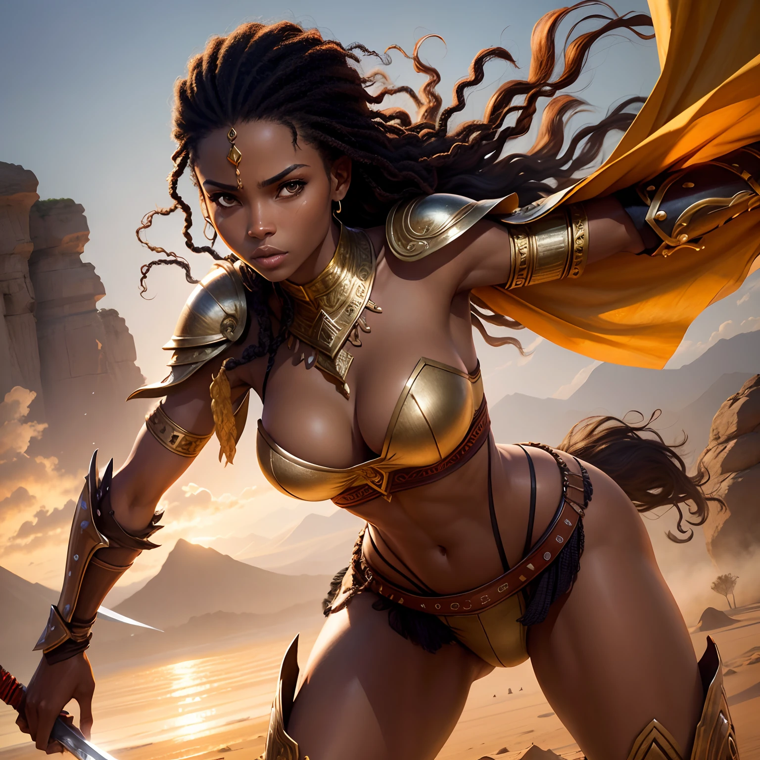 Warrior woman, africaine, sexy, dressed in brown, attractif, force, puissance, luz, divin, sword, soft light on the face,  Equatorial landscape