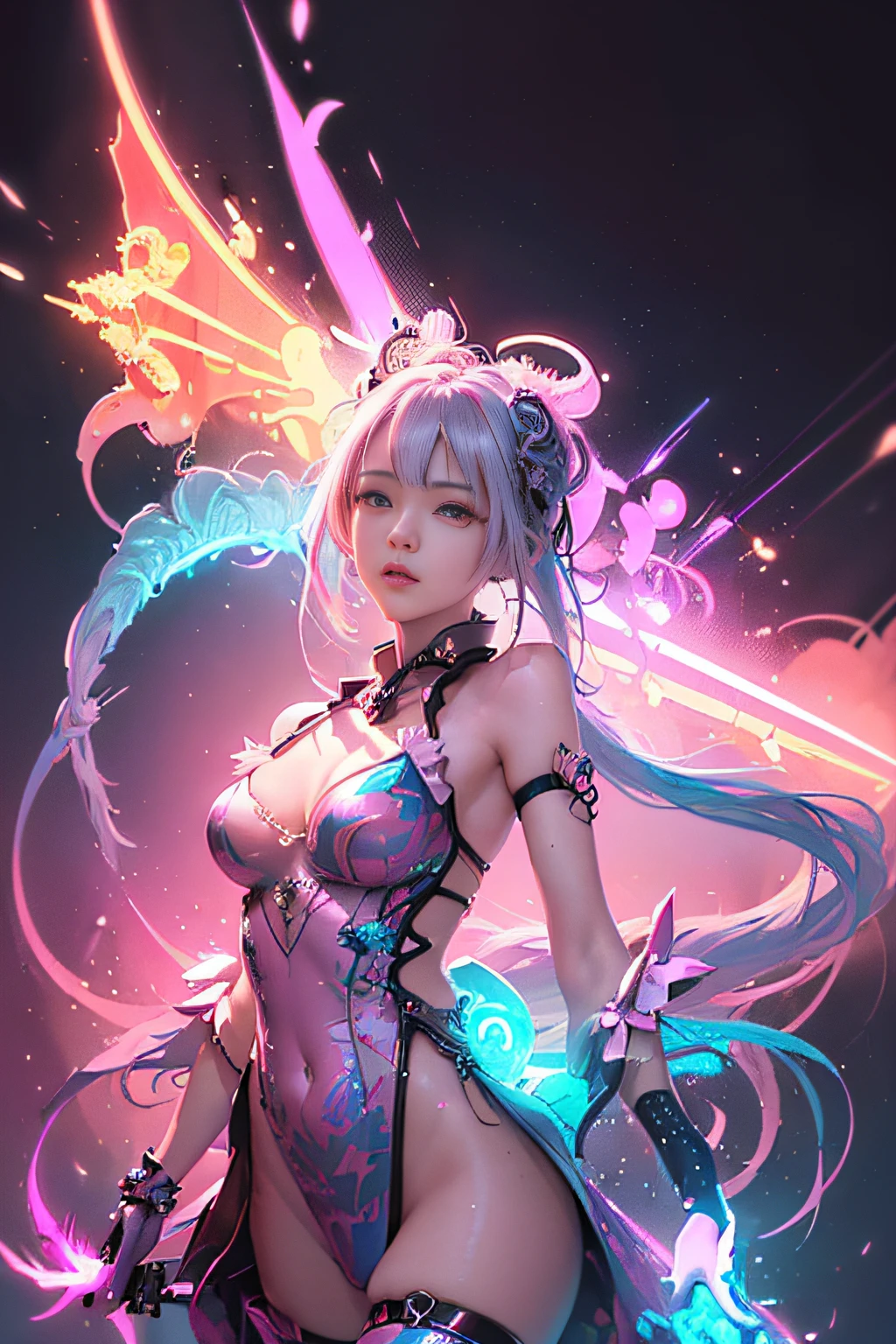 (masutepiece, of the highest quality, Best Quality, offcial art, Beautiful and aesthetic:1.2), (1girll:1.3), Extremely detailed,(Fractal Art:1.2),Colorful,highest details,( Zen Neon:1.2), (Dynamic Pose), (Abstract background neon lights:1.5), (Trident Dresses:1.2), (Shiny skin), (Many colors:1.4), Upper body ,Neon light,16 K,Full-HD