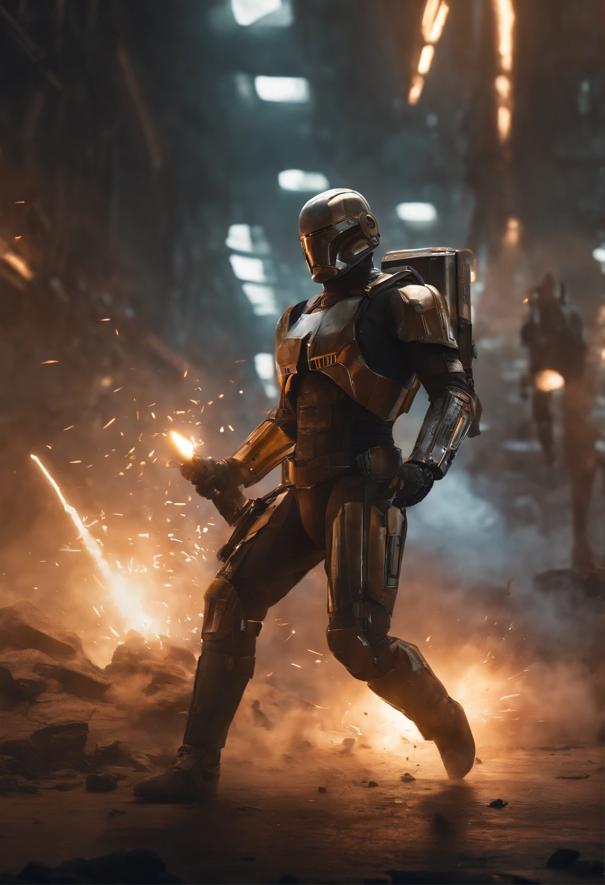OC character fighting a droid with a lightsaber,comic,action-packed scenes,expressive facial expressions,detailed character design,vibrant colors,stylized artwork,high contrast lighting,(best quality:1.2),ultra-detailed,realistic,futuristic city backdrop,explosions and energy effects,fluid motion lines and dynamic poses,intense battle atmosphere,laser blasts and sparks,sci-fi weapons and technology,unique character costume design,fast-paced combat choreography,highly detailed droid design,background crowd cheering and watching,shadow and highlights,emphasize movement and impact,split-second action moments,overall cinematic feel,epic confrontation,moody atmosphere,wide panoramic angles,translucent energy shields,laser beams and reflections,metallic and mechanical textures,fire and smoke effects,energy beams and trails,exciting panel layouts,showcase character's power and agility,strong composition,motion blur,emphasis on protagonist's determination and willpower,explosive visual narration,splash pages and double-page spreads,sharp and precise line work,dynamic camera angles,forceful typography and lettering