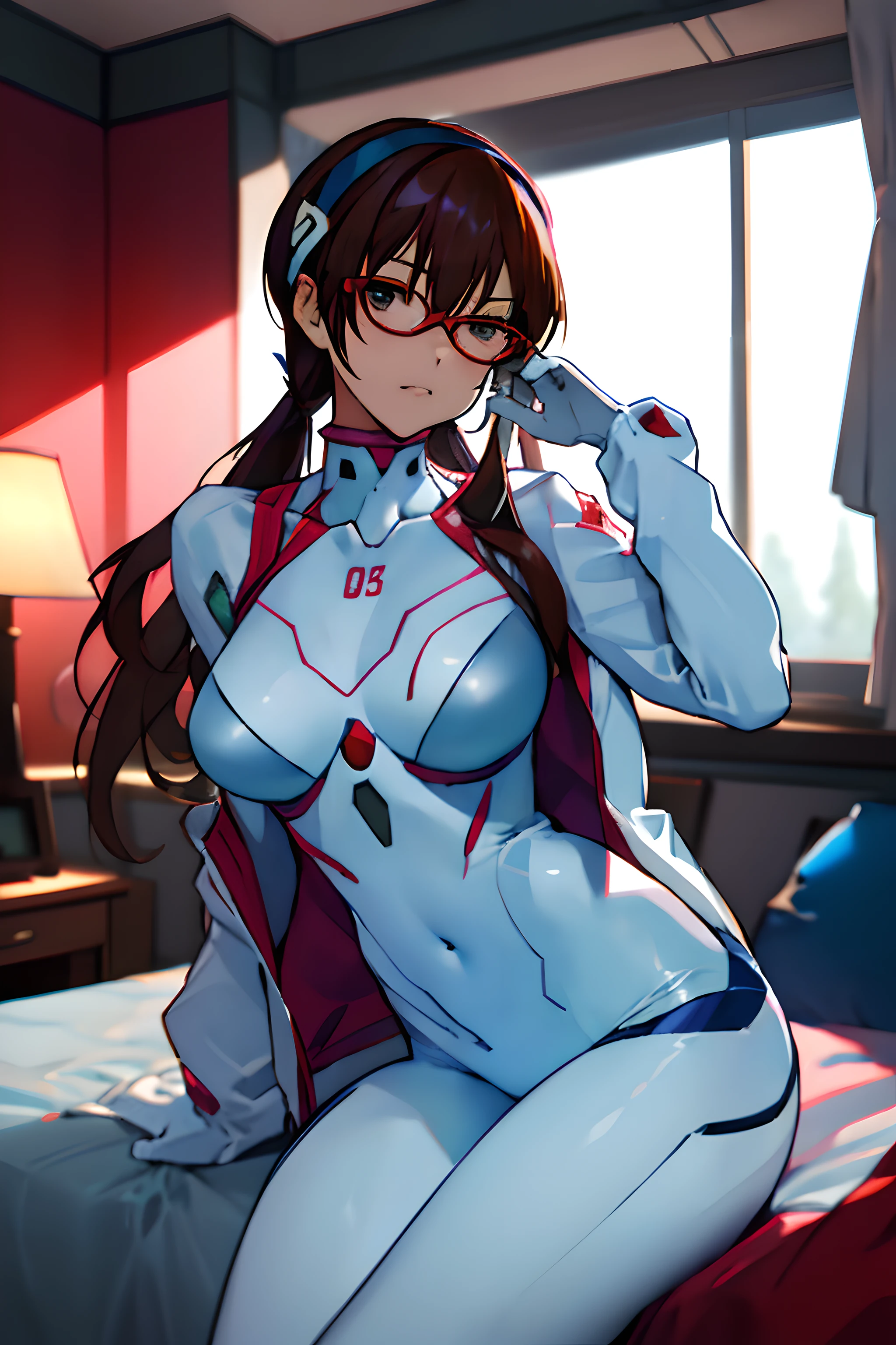 masterpiece,best quality,1girl,makinami mari illustrious,hairband,red-framed eyewear,white bodysuit,open jacket,sitting,indoors,bedroom,science fiction,cowboy shot,