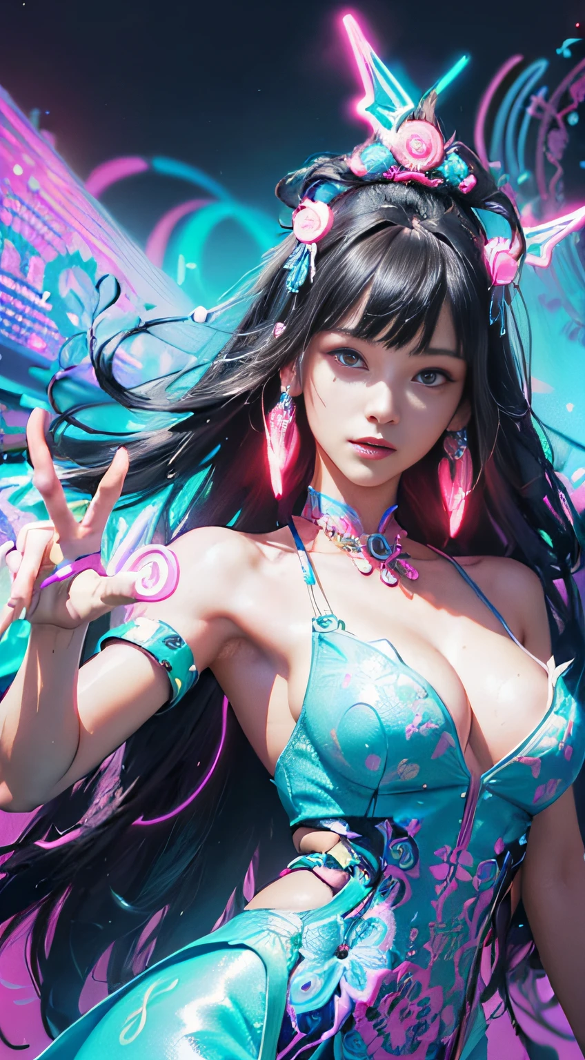 (masutepiece, of the highest quality, Best Quality, offcial art, Beautiful and aesthetic:1.2), (1girll:1.3), Extremely detailed,(Fractal Art:1.2),Colorful,highest details,( Zen Neon:1.2), (Dynamic Pose), (Abstract background neon lights:1.5), (Trident Dresses:1.2), (Shiny skin), (many colors:1.4), Upper body ,neon light,16 K,Full-HD , ((Breasts are big))