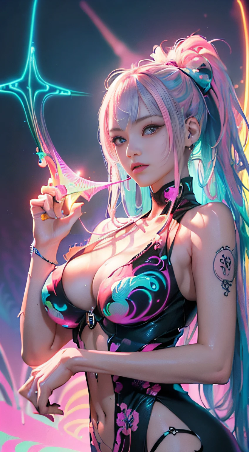 (masutepiece, of the highest quality, Best Quality, offcial art, Beautiful and aesthetic:1.2), (1girll:1.3), Extremely detailed,(Fractal Art:1.2),Colorful,highest details,( Zen Neon:1.2), (Dynamic Pose), (Abstract background neon lights:1.5), (Trident Dresses:1.2), (Shiny skin), (Many colors:1.4), Upper body ,Neon light,16 K,Full-HD , ((Breasts are big))