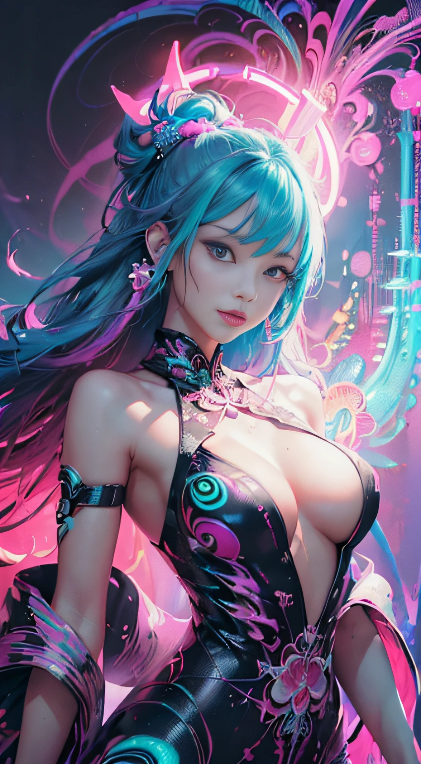 (masutepiece, of the highest quality, Best Quality, offcial art, Beautiful and aesthetic:1.2), (1girll:1.3), Extremely detailed,(Fractal Art:1.2),Colorful,highest details,( Zen Neon:1.2), (Dynamic Pose), (Abstract background neon lights:1.5), (Trident Dresses:1.2), (Shiny skin), (Many colors:1.4), Upper body ,Neon light,16 K,Full-HD , ((Breasts are big))