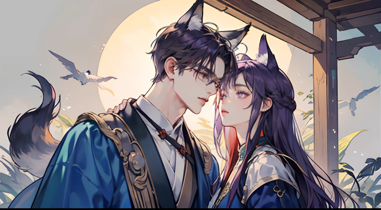 tmasterpiece,Need,A man,China-style,Chinese Ancient Times,Purple hair big breasts,Pick dyeing,dishiveredhair,long whitr hair,with long bangs,Handsome,virile,gentleness,large tall,A tranquil,long blue robes,exteriors,cloaks,High hills,nevando, Young men,Quaint,tmasterpiece,Need,Leprechaun,red fox,Animal ears,fox tails,Handsome guy,Purple hair,Long hair,Pick dyeing,Hair is scattered,Dark Hanfu,There are glasses on the face,Cool handsome