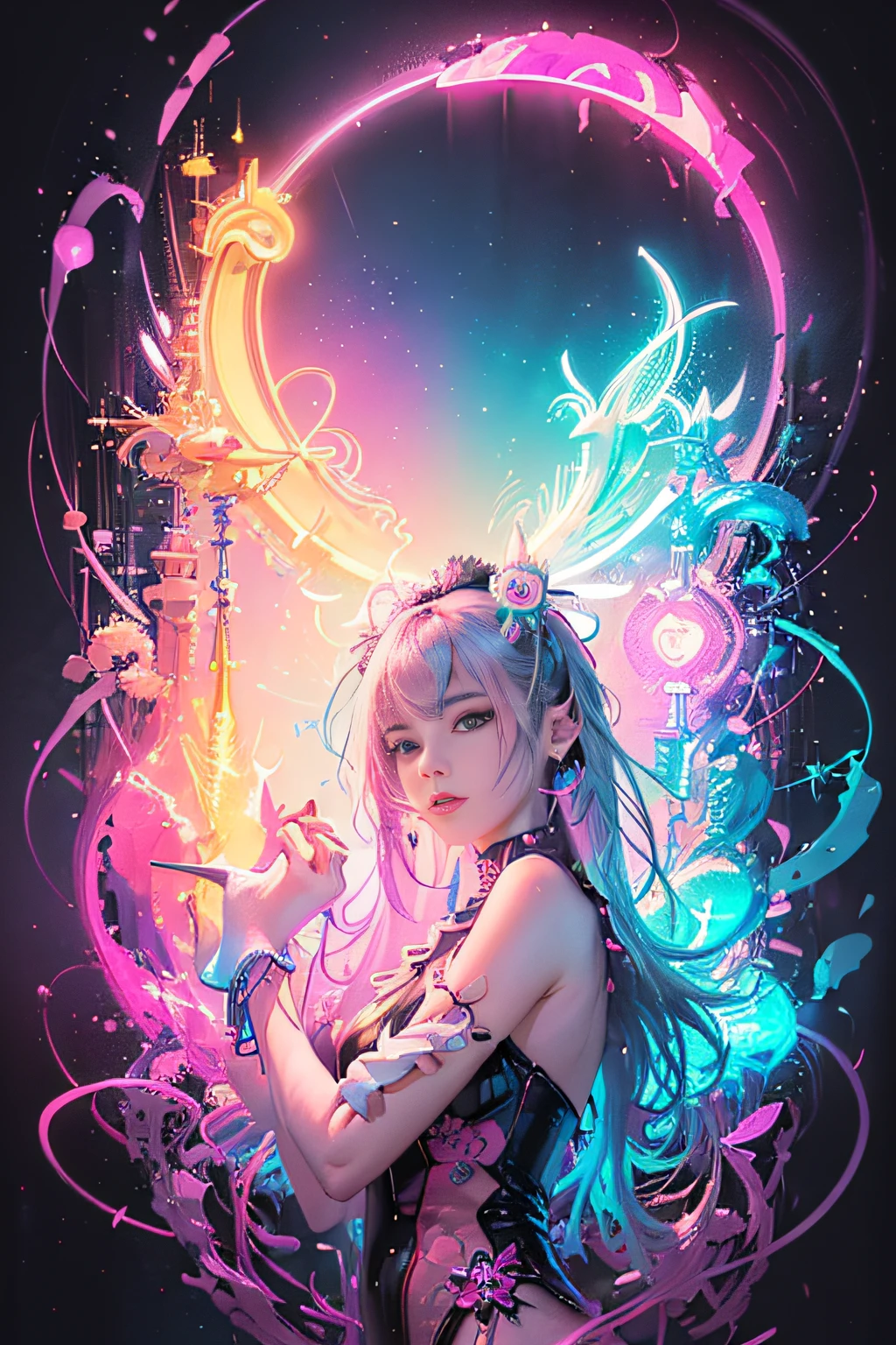 (masutepiece, of the highest quality, Best Quality, offcial art, Beautiful and aesthetic:1.2), (1girll:1.3), Extremely detailed,(Fractal Art:1.2),Colorful,highest details,( Zen Neon:1.2), (Dynamic Pose), (Abstract background neon lights:1.5), (Trident Dresses:1.2), (Shiny skin), (Many colors:1.4), Upper body ,Neon light,16 K,Full-HD