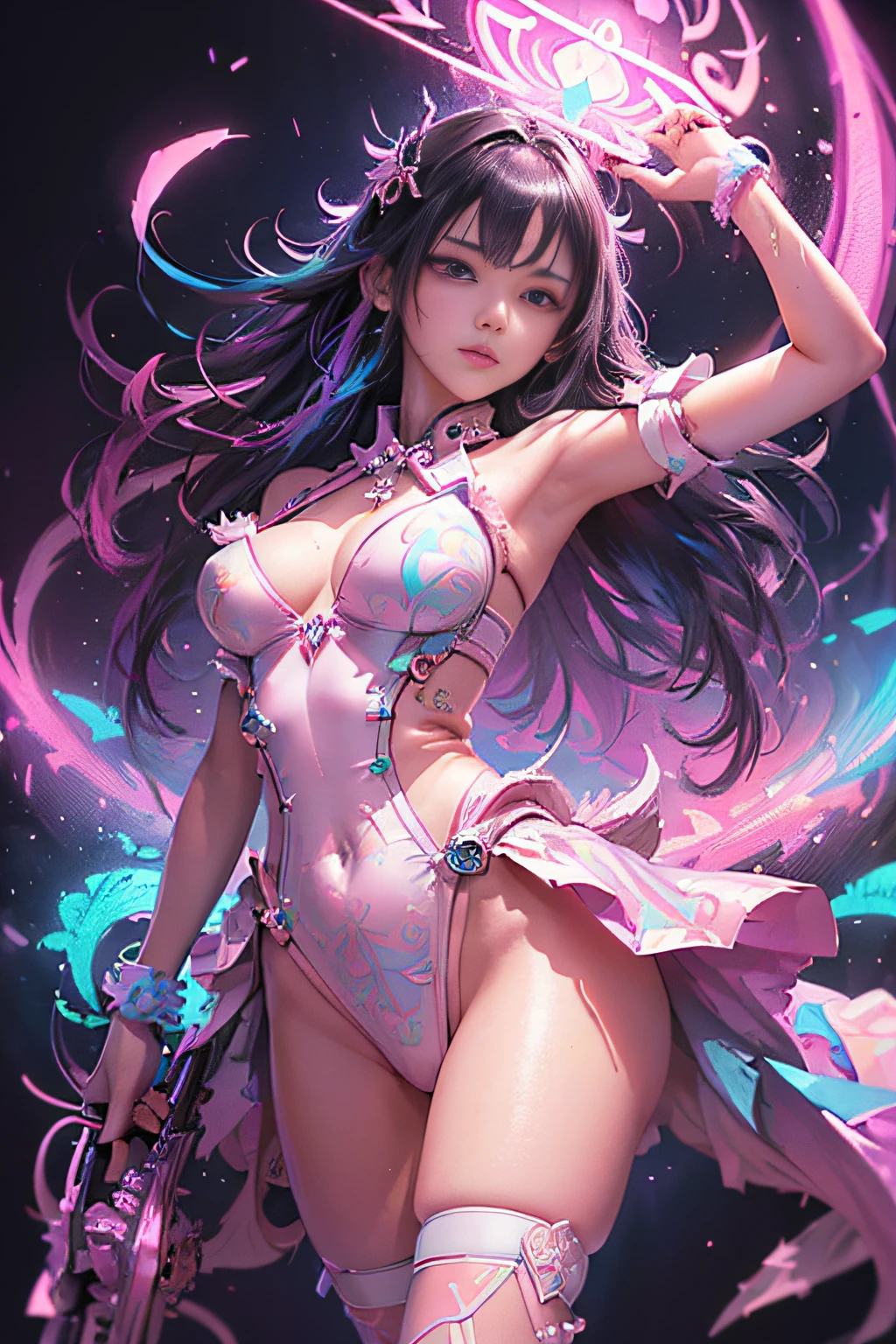 (masutepiece, of the highest quality, Best Quality, offcial art, Beautiful and aesthetic:1.2), (1girll:1.3), Extremely detailed,(Fractal Art:1.2),Colorful,highest details,( Zen Neon:1.2), (Dynamic Pose), (Abstract background neon lights:1.5), (Trident Dresses:1.2), (Shiny skin), (Many colors:1.4), Upper body ,Neon light,16 K,Full-HD