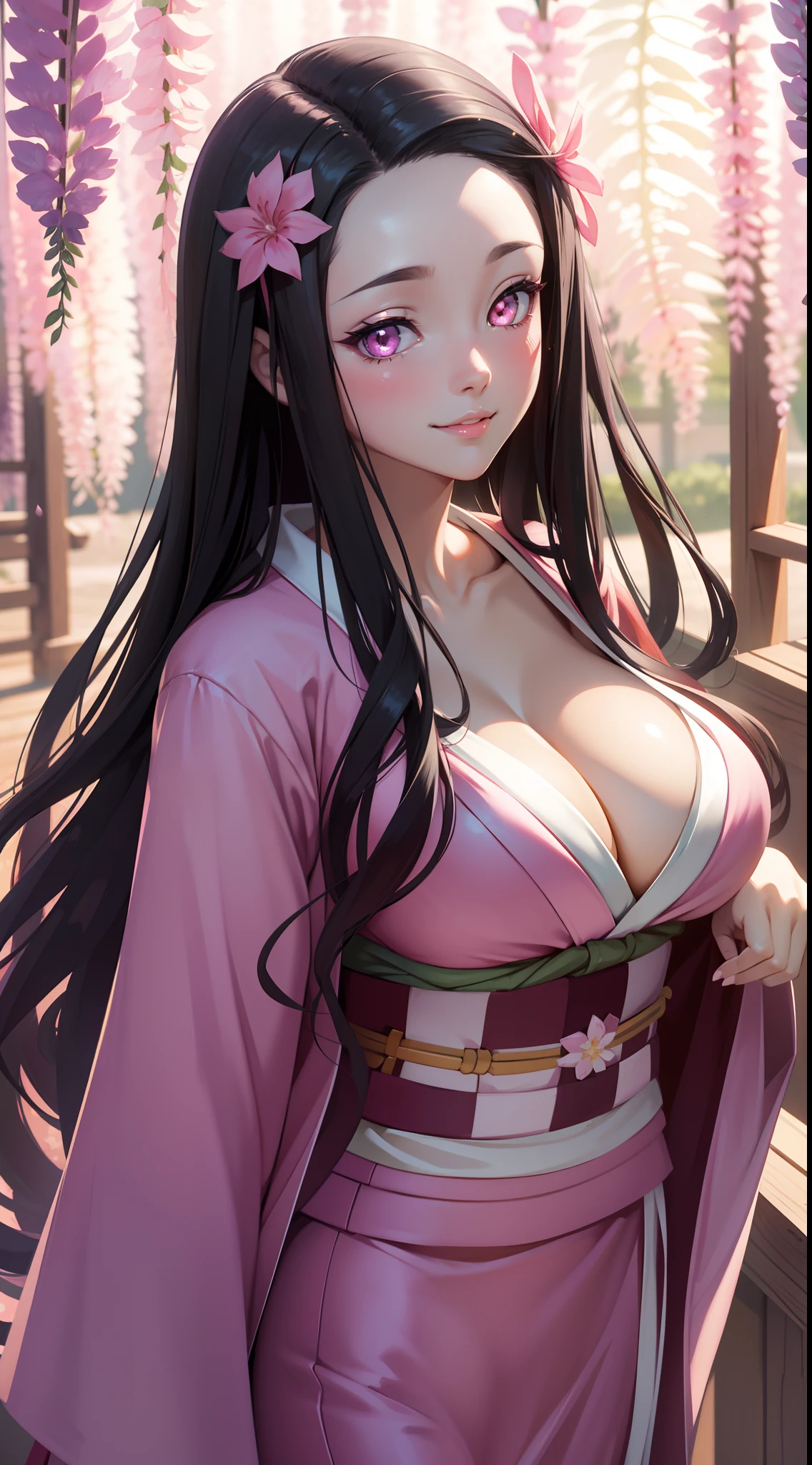 Masterpiece, (Pink kimono), Seductive face, Large breasts with cleavage，ssmile，sportrait，Good lighting, Masterpiece, Glowing eyes, 1girll, Black hair, on the face, Nezuko Kamado, Wisteria background, Best quality,