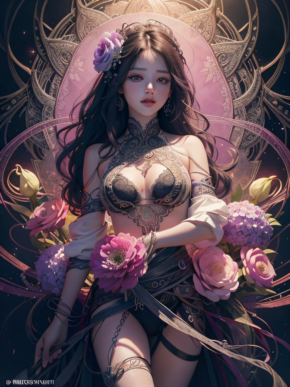 official art, unity 8k wallpaper, ultra detailed, beautiful and aesthetic, beautiful, masterpiece, best quality, (zentangle, mandala, tangle, entangle), (ecstasy of flower:1.2) dynamic angle, cowboyshot, the most beautiful form of chaos, elegant, a brutalist designed, vivid colours, romanticism, atmospheric