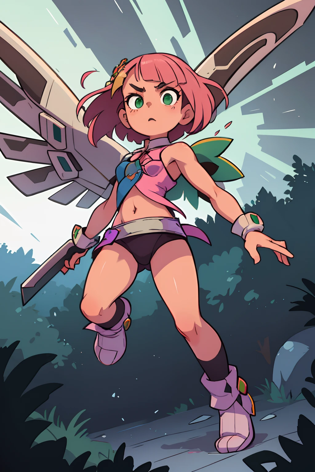 Alisa, cabelos rosa curtos multicor, Symmetrical perfect green eyes, sardas no rosto, Rosto bonito, mechanical wings, Tekken