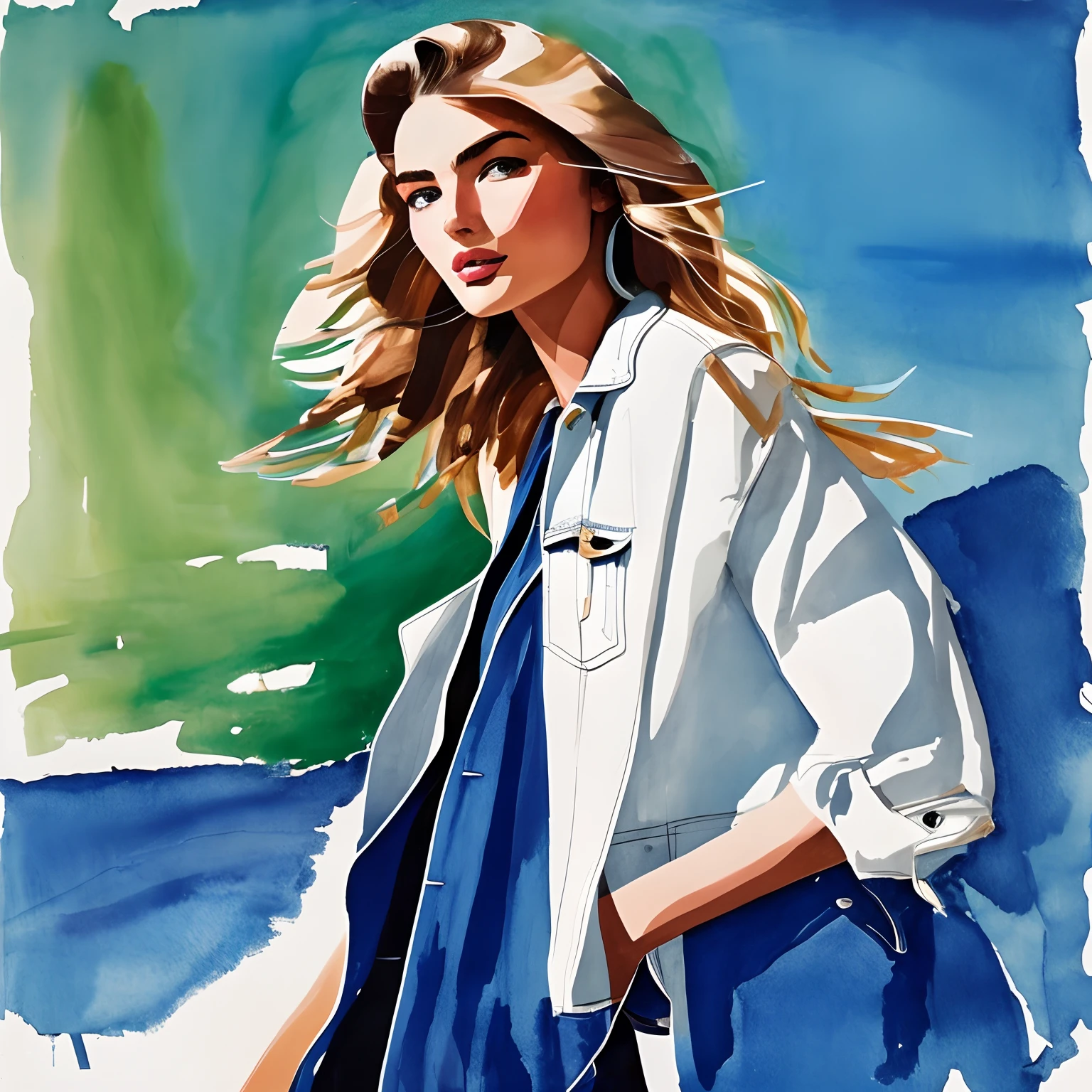 David downton fashion illustration, drawing, blonde bob thin hair 1woman, perfect face, andreea diaconu mix monika jagaciak, trendy blue denim jacket, slim figure, tuscany green landscape, italy, grape, sunlight