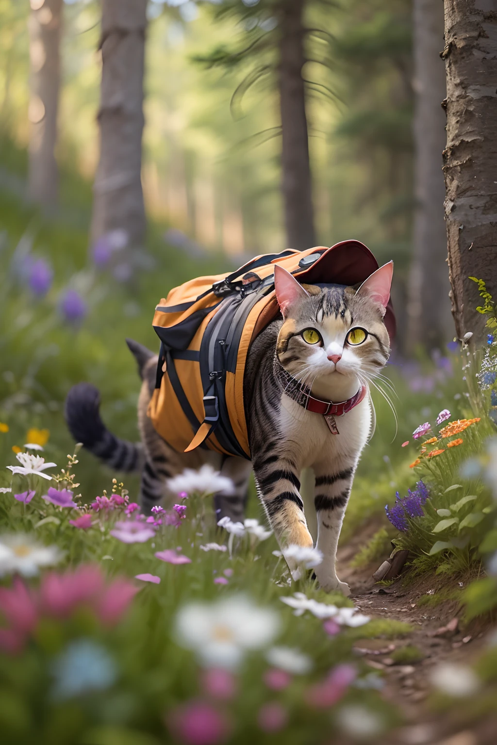A round-eyed cat carrying a hiking bag, On the forest trail, Face the lens, wildflowers,Far Mountain, ln the forest
