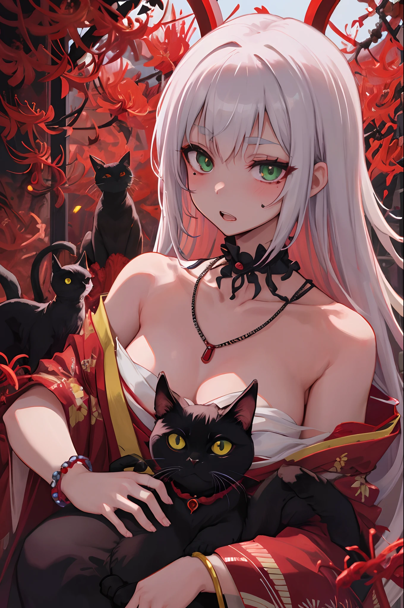 (top-quality、hight resolution、8k、masterpiece:1.2)。Curvaceous but slender、Muchimuchi Body、The whole area is filled with Red Spider Lily、Red spider lily in bloom、A woman sits in the middle of a red spider lily in full bloom。With a mysterious look、Kimono and double teeth are characteristic.。Wearing a kimono splattered with blood、I'm holding some kind of murder weapon in my hand.。The crazy expression and the gap between her and the Red Spider Lily further enhance her beauty。Half-taken kimono、accessorized、mole、Eyebrows、double tooth、canine teeth、poneyTail、Muscular nose、Clear detailed green eyes、red blush、a choker、Fleshy lips、Physical beauty、well-muscled、Mysterious fashion、Anime style、animesque、unreal、Fashion based on red and white、Backgrounds with depth、The background is 10,000 Red Spider Lilies spread all over the area、a necklace、Bracelets、Misanga、arm band、Light and Wall Co-star、A small black cat clinging to his shoulder、Original face、(dark themed:1.3)、Dark Fantasy、Distant angle、portrait
787349872