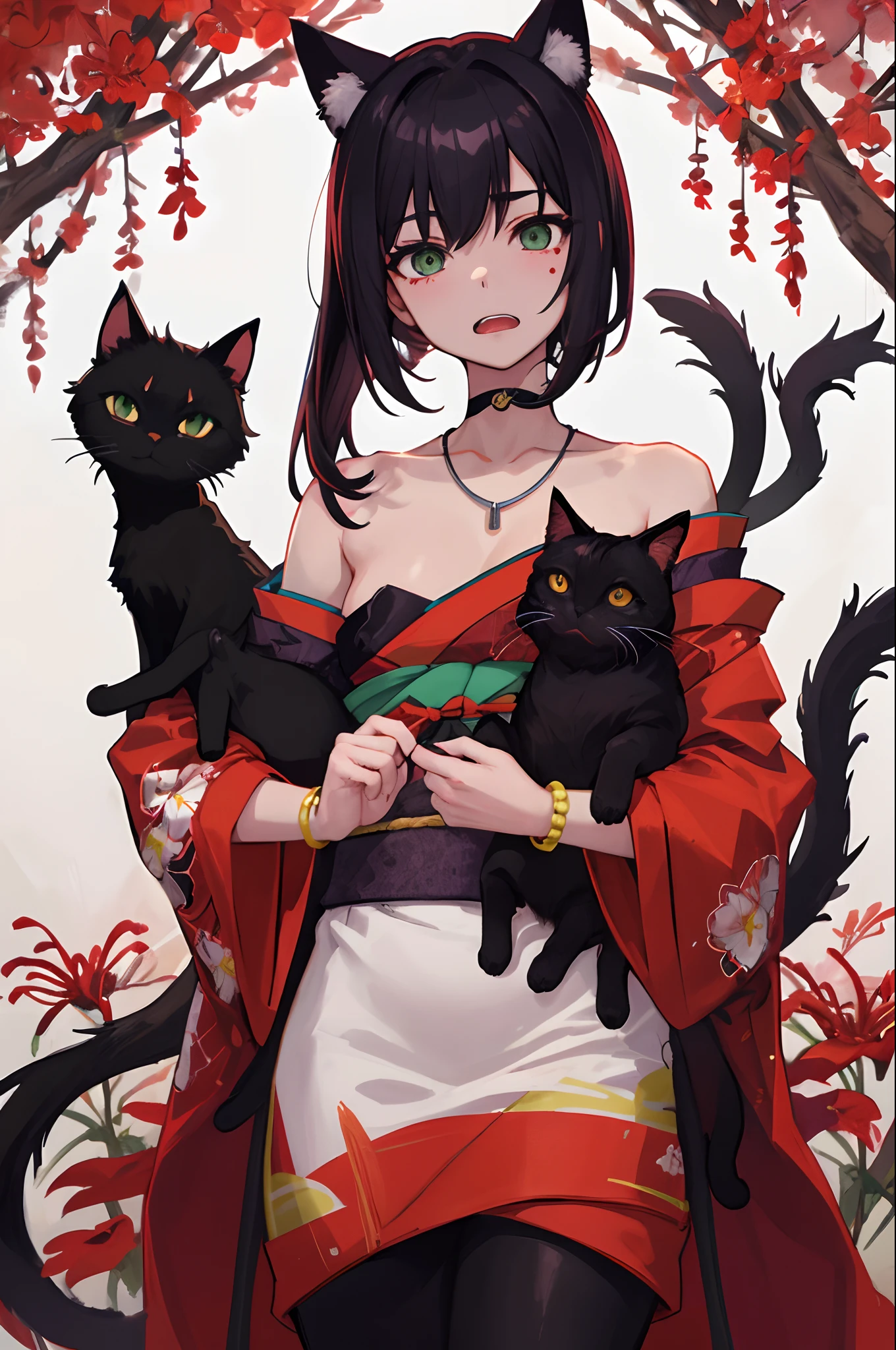 (top-quality、hight resolution、8k、masterpiece:1.2)。Curvaceous but slender、Muchimuchi Body、The whole area is filled with Red Spider Lily、Red spider lily in bloom、A woman sits in the middle of a red spider lily in full bloom。With a mysterious look、Kimono and double teeth are characteristic.。Wearing a kimono splattered with blood、I'm holding some kind of murder weapon in my hand.。The crazy expression and the gap between her and the Red Spider Lily further enhance her beauty。Half-taken kimono、accessorized、mole、Eyebrows、double tooth、canine teeth、poneyTail、Muscular nose、Clear detailed green eyes、red blush、a choker、Fleshy lips、Physical beauty、well-muscled、Mysterious fashion、Anime style、animesque、unreal、Fashion based on red and white、Backgrounds with depth、The background is 10,000 Red Spider Lilies spread all over the area、a necklace、Bracelets、Misanga、arm band、Light and Wall Co-star、A small black cat clinging to his shoulder、Original face、(dark themed:1.3)、Dark Fantasy、Distant angle、portrait
787349872