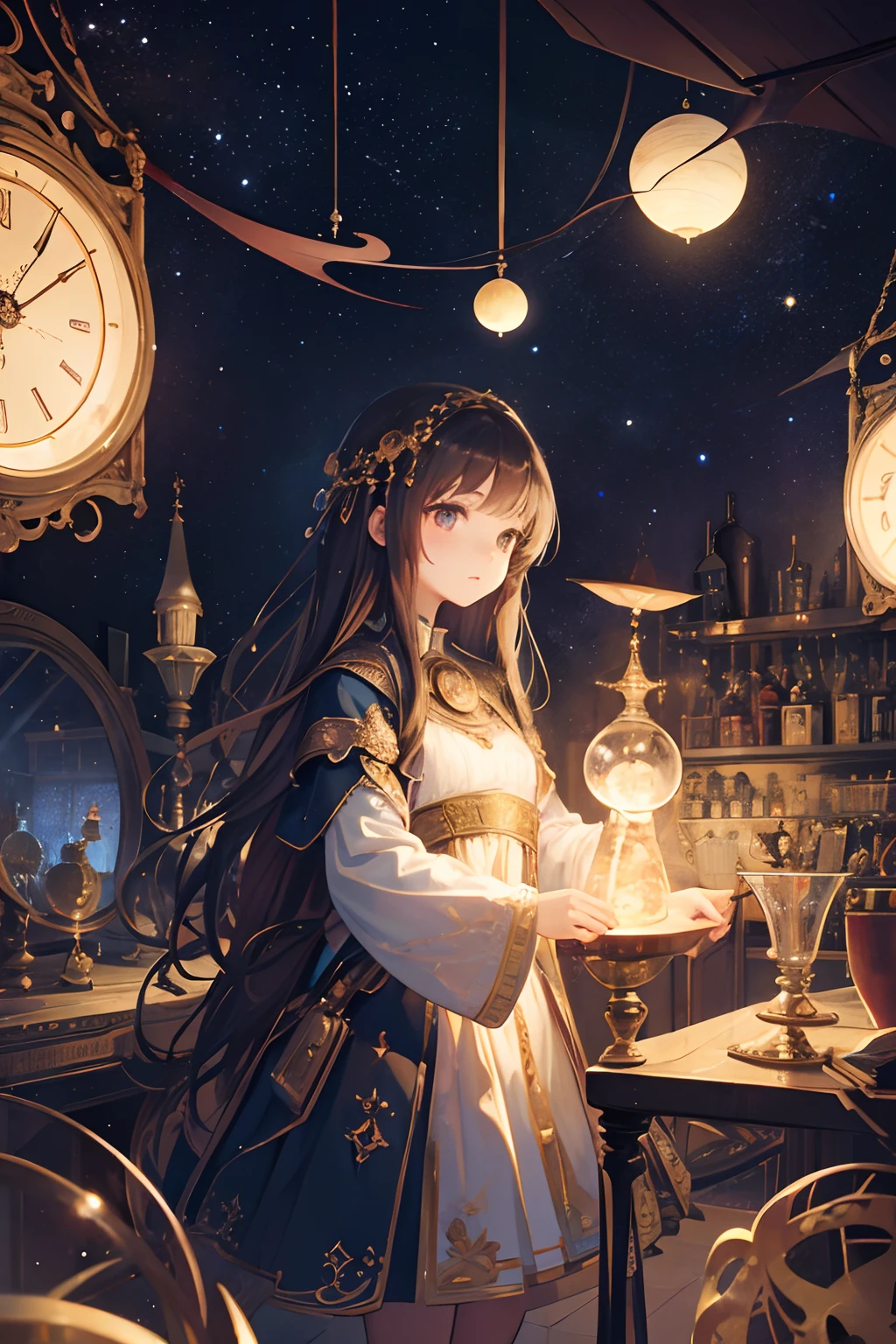 Create an illustration of a fantastical space filled with numerous intricately crafted clocks. Each clock exudes a sense of nostalgia and wonder, contributing to the overall enchanting and nostalgic atmosphere. These clocks are suspended in a cosmic-like void, creating a surreal ambiance. In the midst of this mesmerizing scene, a solitary young girl stands, her presence adding a touch of innocence and curiosity to the space. Her wide-eyed wonder reflects the magical essence of the scene, making the entire illustration appear dreamlike and captivating.