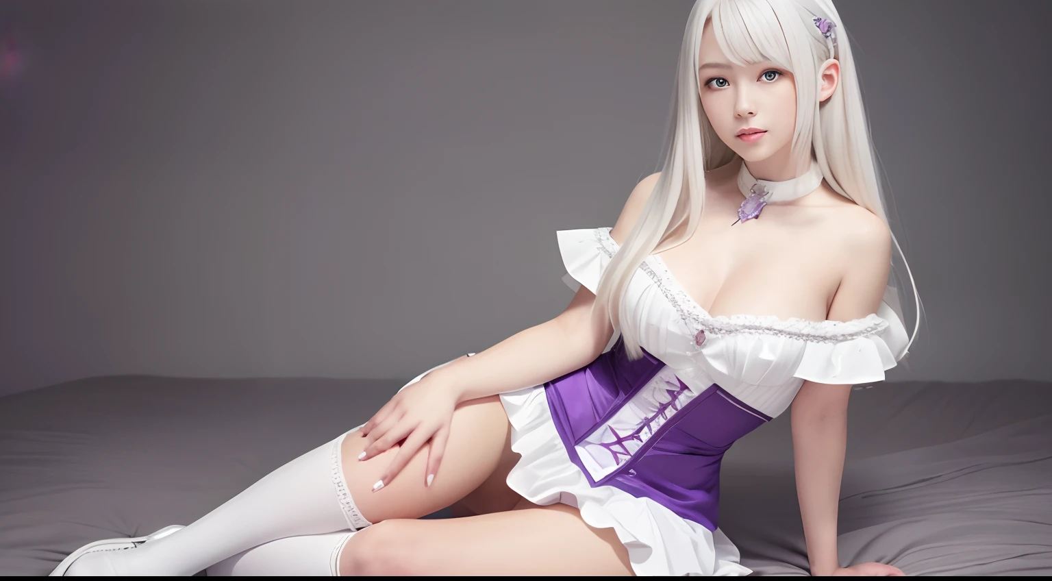 (Highly detailed CG Unity 8k wallpaper), (masutepiece), (Best Quality), (super detailed), (Detailed and realistic photos), (Best Shadows), (Photorealistic: 1.4), Real Human Skin , One girl, Emilia \(Re:Zero - Start living in another world\), Big cosplay sitting on blanket, Surreal, Highly detailed, Pretty girl, Lori wears a dress . The chest is decorated with a large diamond-shaped emerald. She wears white over-the-knee boots with a miniskirt, Reveals the small skin between the hem of her skirt and the top of her boots.Dress sleeves are shaped from upper arms to cuffs, And the cuffs are wide open, Exposing shoulder skin、exposing the bulge of the chest.In the body of the dress there is a corset, The base color is the same as the dress. The color is white, The decoration is purple, The chest of the dress is wide open, Curvaceous , Cute girl in a nice dress, ((Real Human Skin, Real human appearance)) )), white haired god, ((White hair, Long hair, Purple eyes)), ((Real Japan female junior high school student face)), ((Baby face)),Dress Design, Character expression adjusted to the image of the original image Realistic human style, Smile and real human expression. Shot with Sigma 20mm f1. 4,No makeup