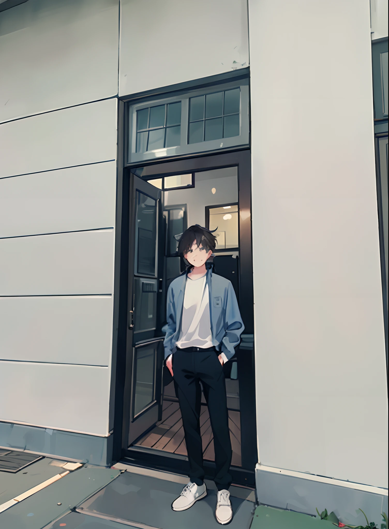 there is a man standing outside of a building with a jacket on, realistic anime 3 d style, standing outside a house, leaning on door, with short hair, lofi portrait at a window, single character full body, young anime man, full body picture, handsome anime pose, [ realistic photography ], standing in an alleyway, made with anime painter studio