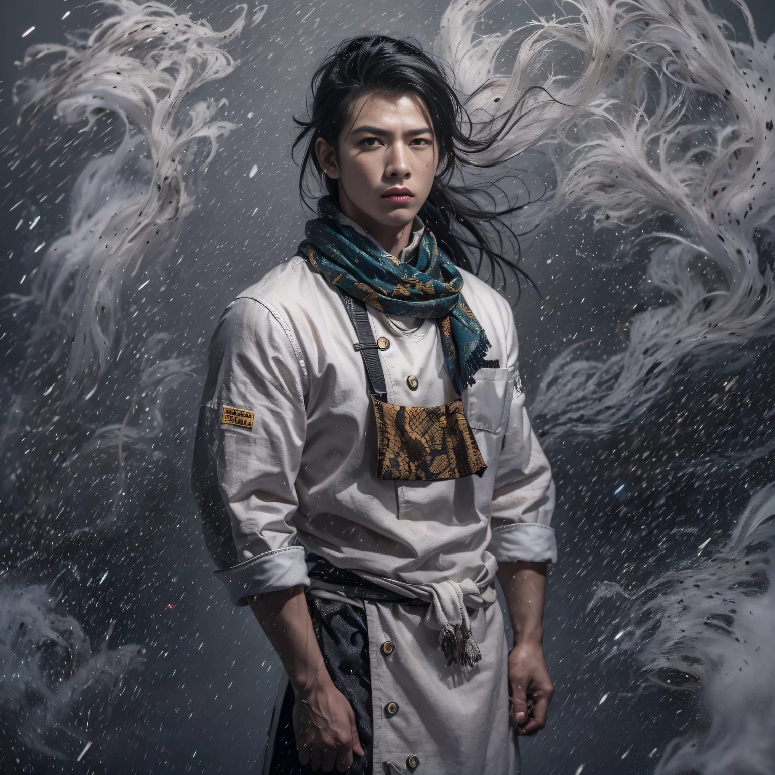 Full body male chef 32K(tmasterpiece,k hd,hyper HD,32K)Long flowing black hair,Camping ruins area,zydink, a color, patriot (废墟), (Linen batik scarf), Angry fighting stance, looking at the ground, Linen bandana, Chinese python pattern long-sleeved garment, (Abstract gouache splash:1.2), Dark clouds lightning background,Flour flies(realisticlying:1.4),Black color hair,Flour fluttering,Background fog, A high resolution, the detail, RAW photogr, Sharp Re, Nikon D850 Film Stock Photo by Jefferies Lee 4 Kodak Portra 400 Camera F1.6 shots, Rich colors, ultra-realistic vivid textures, Dramatic lighting, Unreal Engine Art Station Trend, cinestir 800,Flowing black hair,(((Male chef))),irate,