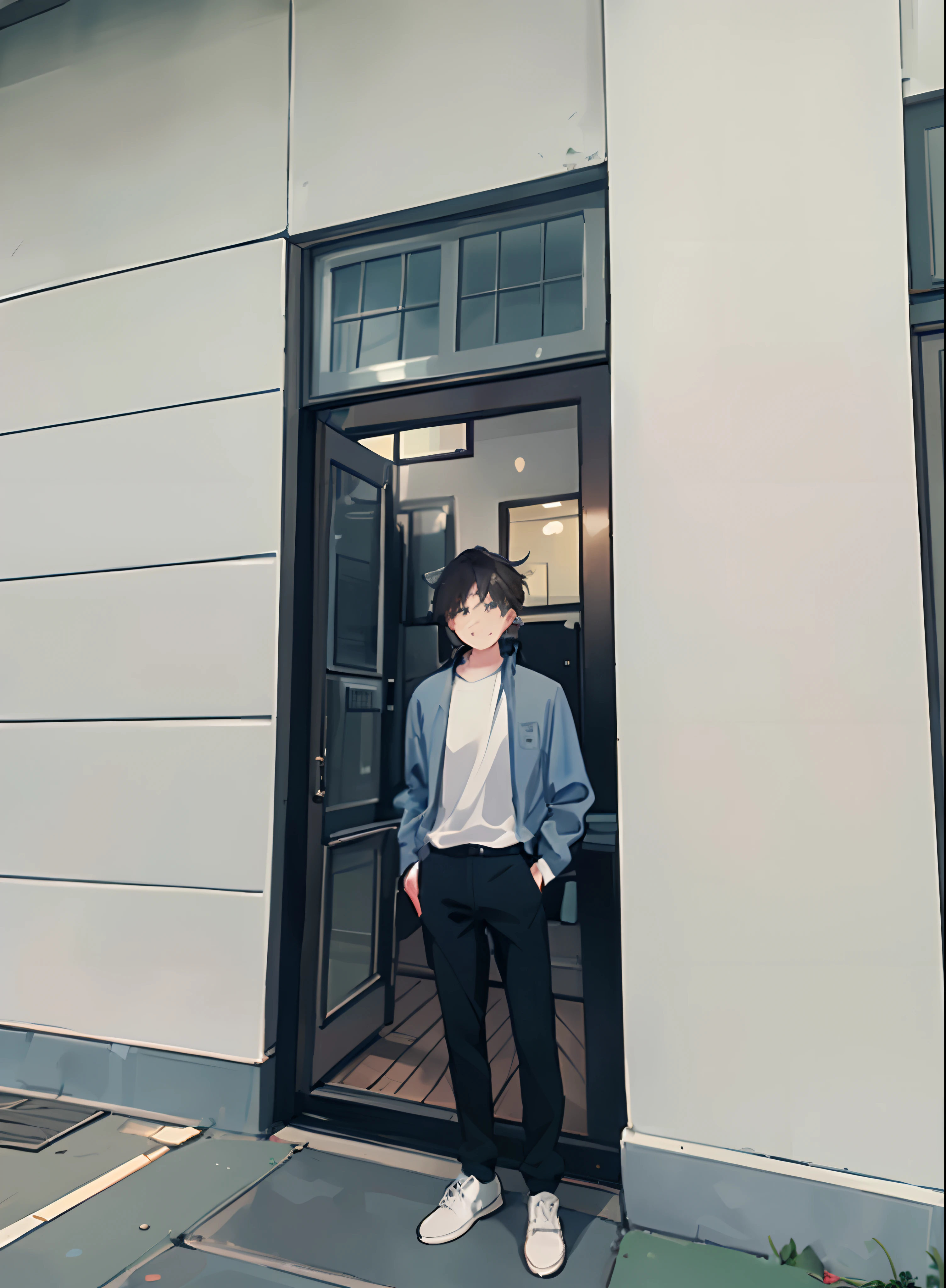 there is a man standing outside of a building with a jacket on, realistic anime 3 d style, standing outside a house, leaning on door, with short hair, lofi portrait at a window, single character full body, young anime man, full body picture, handsome anime pose, [ realistic photography ], standing in an alleyway, made with anime painter studio