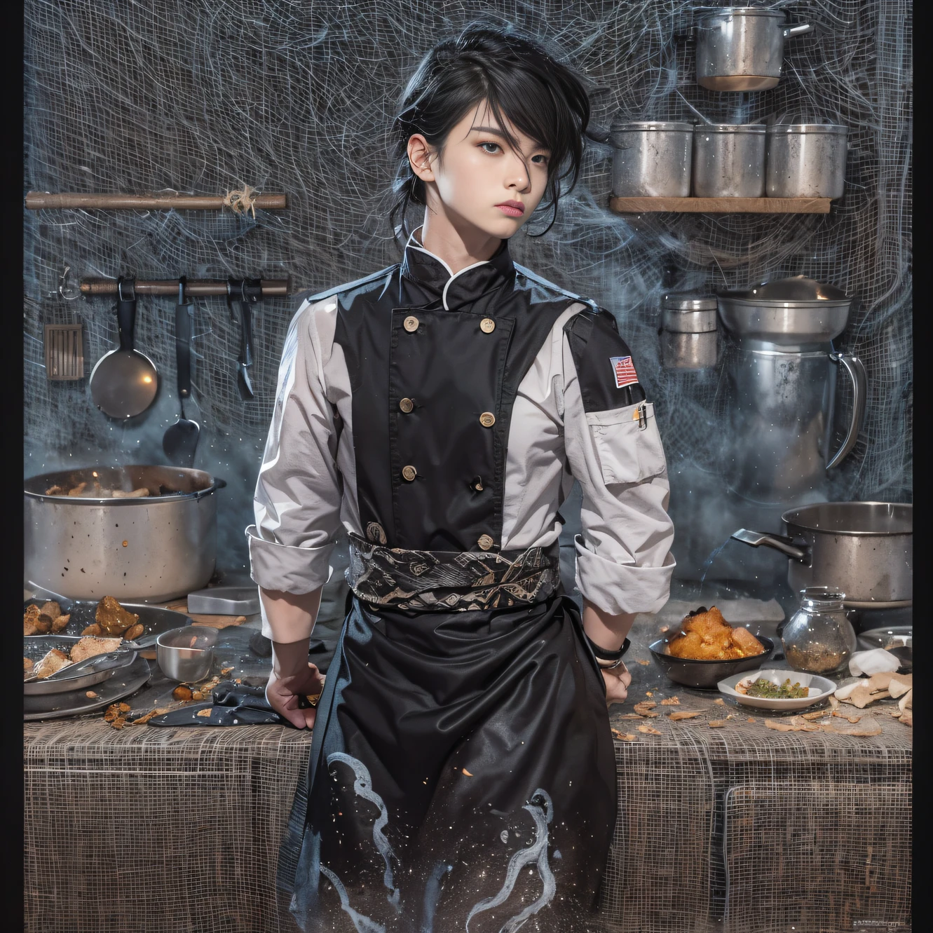 Full body male chef 32K(tmasterpiece,k hd,hyper HD,32K)Long flowing black hair,Camping ruins area,zydink, a color, patriot (废墟), (Linen batik scarf), Angry fighting stance, looking at the ground, Linen bandana, Chinese python pattern long-sleeved garment, (Abstract gouache splash:1.2), Dark clouds lightning background,Flour flies(realisticlying:1.4),Black color hair,Flour fluttering,Background fog, A high resolution, the detail, RAW photogr, Sharp Re, Nikon D850 Film Stock Photo by Jefferies Lee 4 Kodak Portra 400 Camera F1.6 shots, Rich colors, ultra-realistic vivid textures, Dramatic lighting, Unreal Engine Art Station Trend, cinestir 800,Flowing black hair,(((Male chef))),irate,