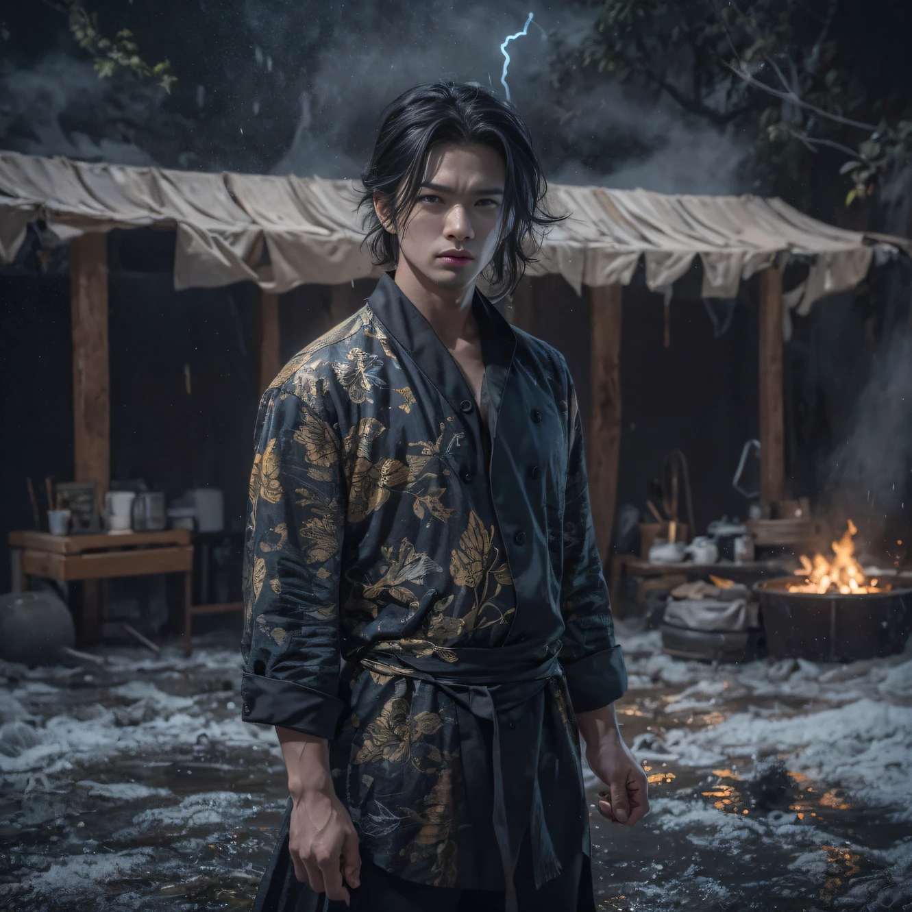 Full body male chef 32K(tmasterpiece,k hd,hyper HD,32K)Long flowing black hair,Camping ruins area,zydink, a color, patriot (废墟), (Linen batik scarf), Angry fighting stance, looking at the ground, Linen bandana, Chinese python pattern long-sleeved garment, (Abstract gouache splash:1.2), Dark clouds lightning background,Flour flies(realisticlying:1.4),Black color hair,Flour fluttering,Background fog, A high resolution, the detail, RAW photogr, Sharp Re, Nikon D850 Film Stock Photo by Jefferies Lee 4 Kodak Portra 400 Camera F1.6 shots, Rich colors, ultra-realistic vivid textures, Dramatic lighting, Unreal Engine Art Station Trend, cinestir 800,Flowing black hair,(((Male chef))),irate,