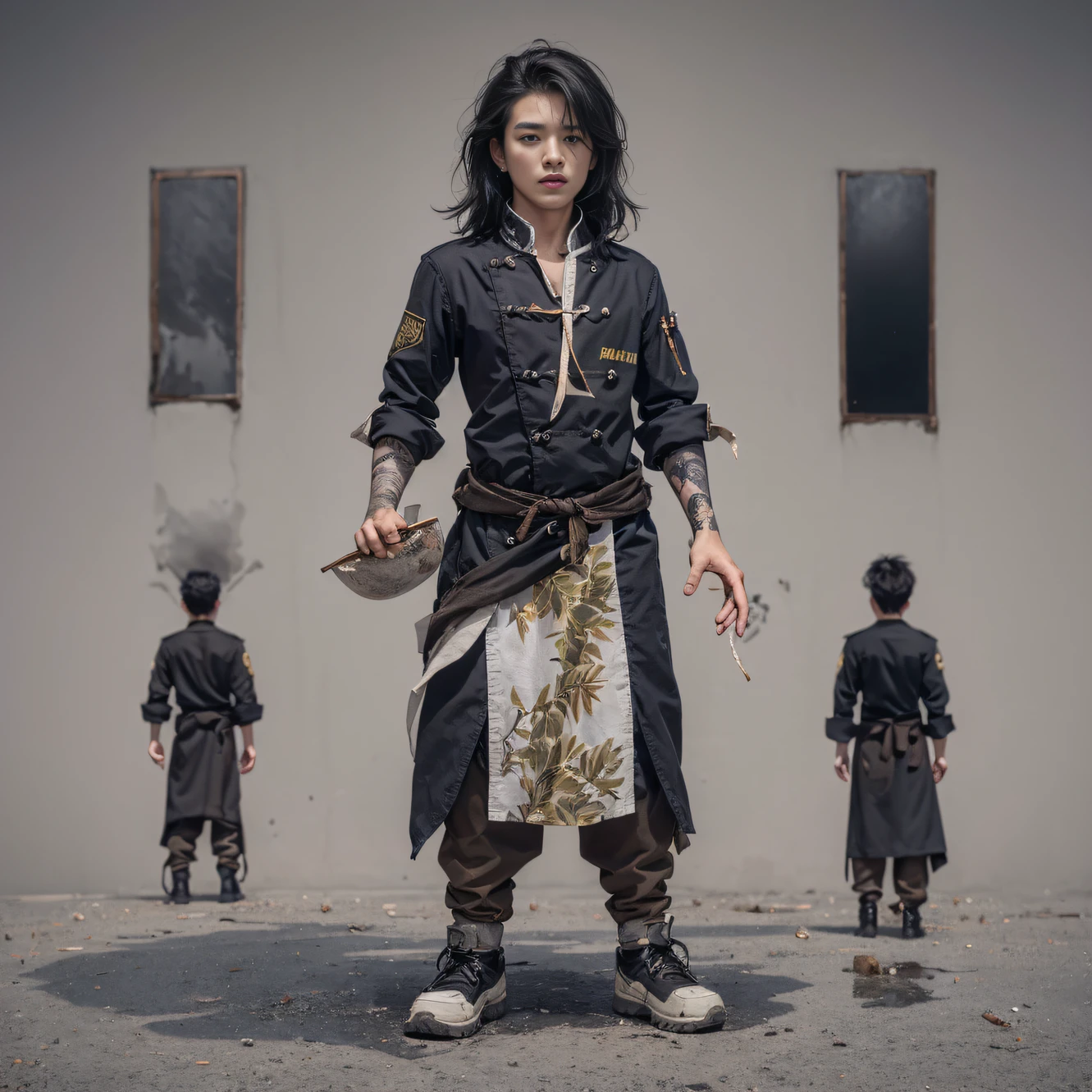 Full body male chef 32K(tmasterpiece,k hd,hyper HD,32K)Long flowing black hair,Camping ruins area,zydink, a color, patriot (废墟), (Linen batik scarf), Angry fighting stance, looking at the ground, Linen bandana, Chinese python pattern long-sleeved garment, (Abstract gouache splash:1.2), Dark clouds lightning background,Flour flies(realisticlying:1.4),Black color hair,Flour fluttering,Background fog, A high resolution, the detail, RAW photogr, Sharp Re, Nikon D850 Film Stock Photo by Jefferies Lee 4 Kodak Portra 400 Camera F1.6 shots, Rich colors, ultra-realistic vivid textures, Dramatic lighting, Unreal Engine Art Station Trend, cinestir 800,Flowing black hair,(((Male chef))),irate,