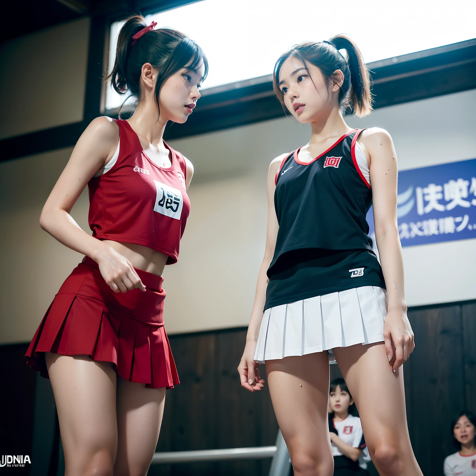 (2girls:1.2), (a detailed full-body RAW photo of a girl), (masutepiece:1.0), (Best Quality:1.4), (超A high resolution:1.2), (Photorealistic:1.4), 8K resolution, Canon EOS R5, 50 millimeters, absurderes, ultra-detailliert, (25-years old), Sharp Focus, Cinematic lighting, Detailed beautiful face, (no-makeup:1.2), (ulzzang -6500-v1.1), petite figure, Detailed skin texture, flat chest, (skinny and fit body:1.6), Detailed brown hair, sweltering,(Very short hair:1.5), realistic glistening skin, (Sweating:1.4), Detailed texture, (Japan National Team Players:1.5), (flat chest:1.5), (Erect :1.2), Dynamic Pose, ((Cheerleader Costam)), ((Pleated mini-skirt)), Ponytail, ((up skirt)), ((From below)), (gym studium)