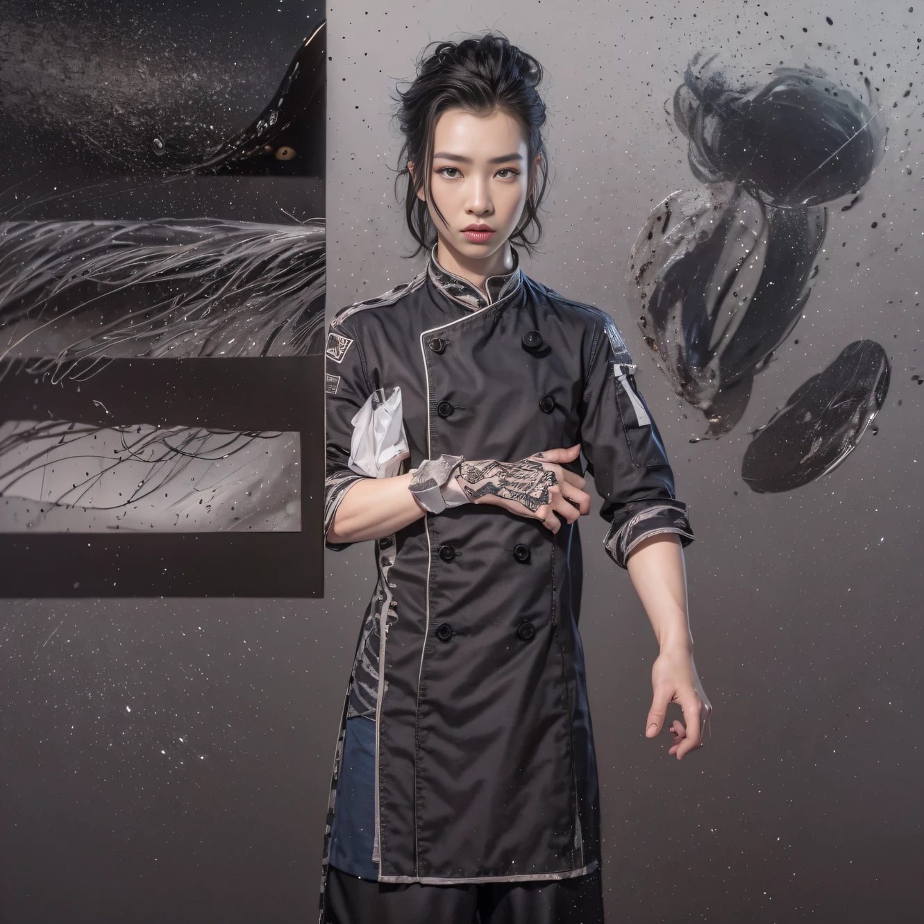 Full body male chef 32K(tmasterpiece,k hd,hyper HD,32K)Long flowing black hair,Camping ruins area,zydink, a color, patriot (废墟), (Linen batik scarf), Angry fighting stance, looking at the ground, Linen bandana, Chinese python pattern long-sleeved garment, (Abstract gouache splash:1.2), Dark clouds lightning background,Flour flies(realisticlying:1.4),Black color hair,Flour fluttering,Background fog, A high resolution, the detail, RAW photogr, Sharp Re, Nikon D850 Film Stock Photo by Jefferies Lee 4 Kodak Portra 400 Camera F1.6 shots, Rich colors, ultra-realistic vivid textures, Dramatic lighting, Unreal Engine Art Station Trend, cinestir 800,Flowing black hair,(((Male chef))),irate,