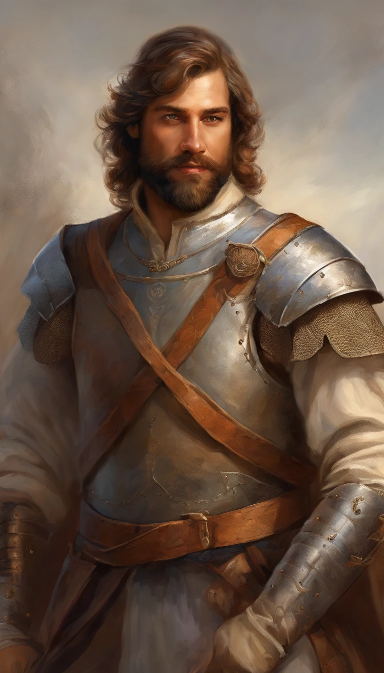 fencer, Italian man with beard, slight frown, tan skin, shoulder length hair, laminar leather armour, bright skies, brown hair, short beard, renaissance, renaissance armour, dusk, ocean, glittering waves, scar, modelshoot style, (extremely detailed CG 8k wallpaper), body photo of the most beautiful artwork in the world, body portrait, majestic, trend at ArtStation, trend at CGSociety, Intricate, High Detail, Sharp Focus, Dramatic and Photorealistic Painting Art